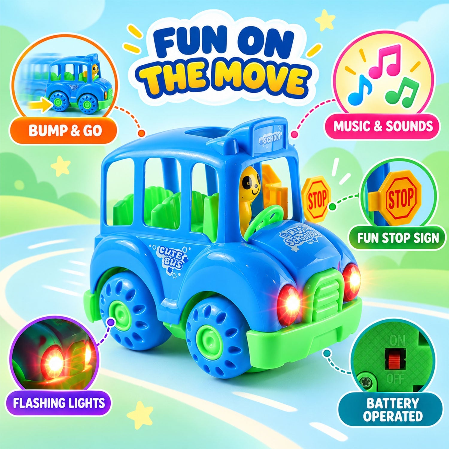 A blue toy bus showcases its bump and go motion, music, flashing lights, and battery operation.