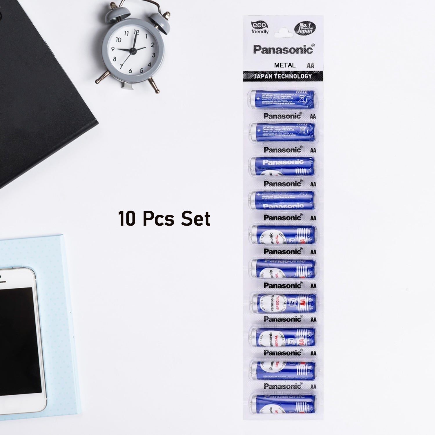 Panasonic AA batteries in a 10-piece pack, showcasing eco-friendly design.