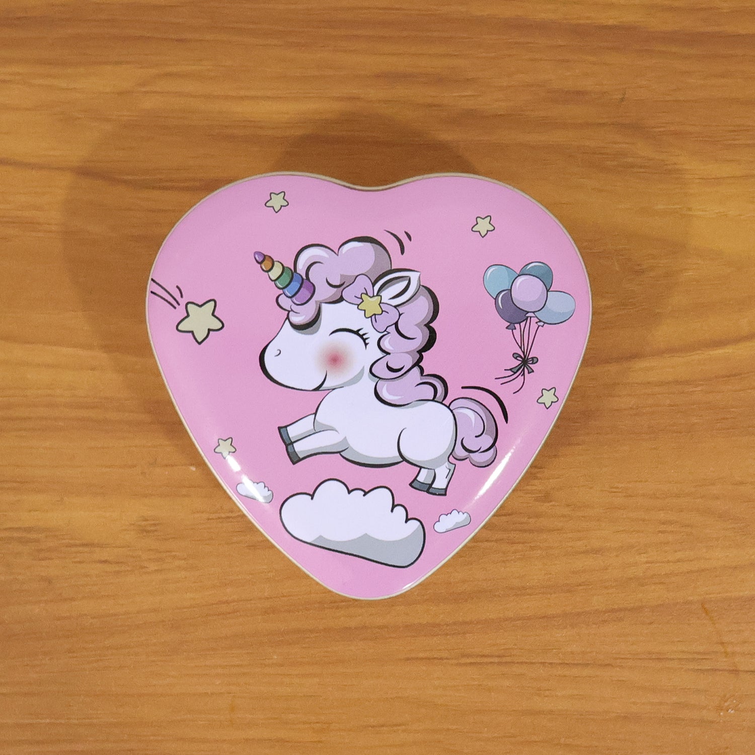 Decorative metal storage box with heart and unicorn design