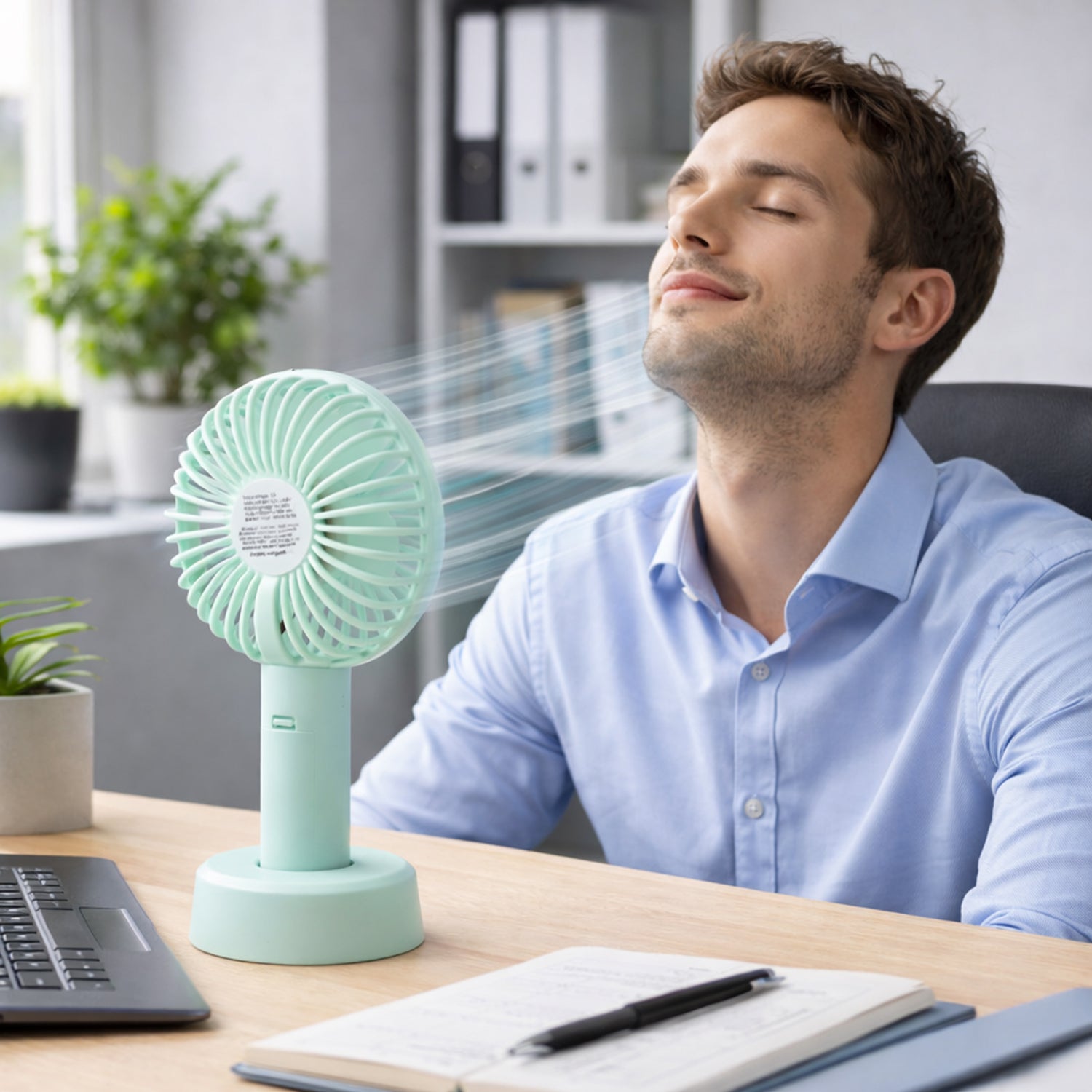 Portable handheld fan in use at office desk