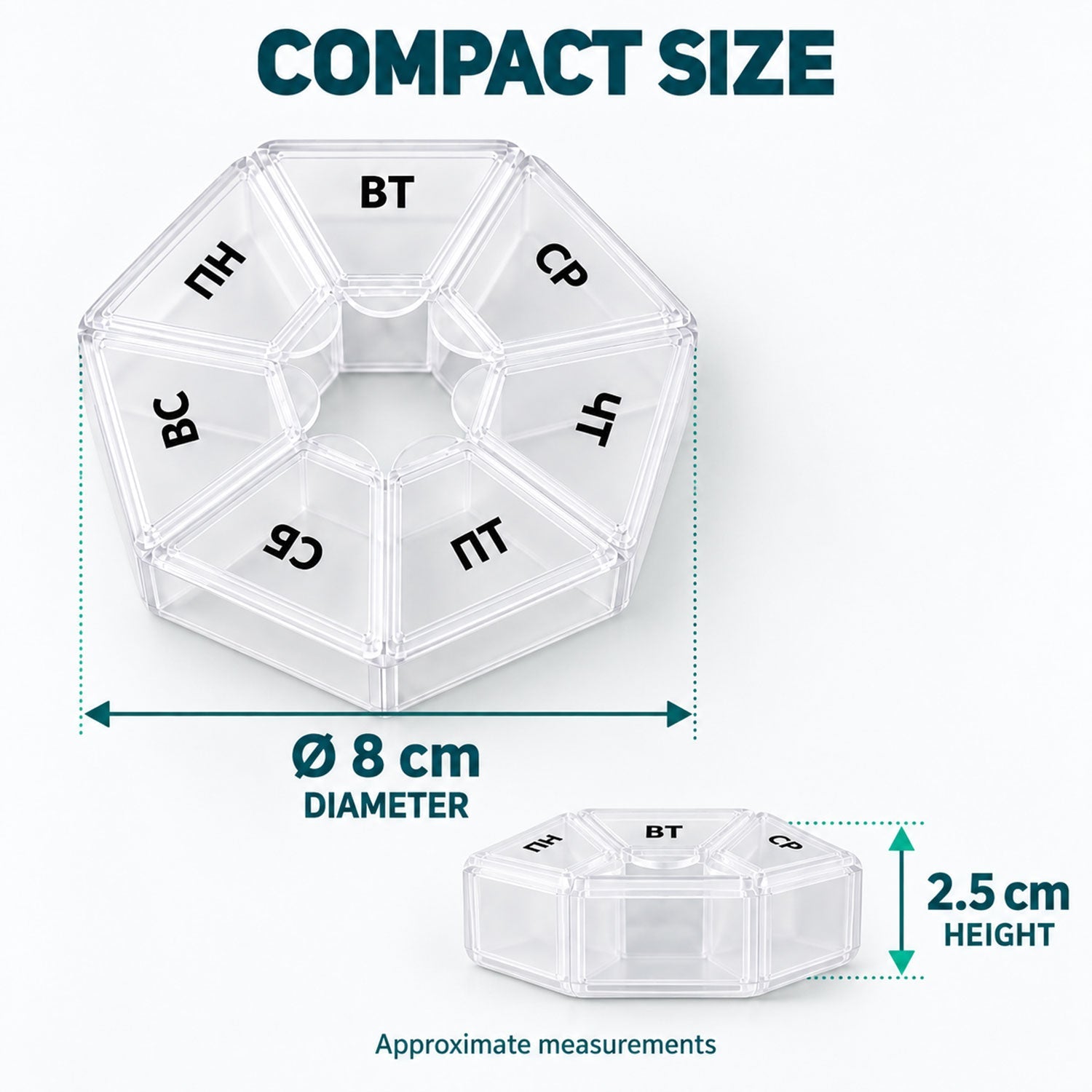 A clear hexagonal pill organizer is shown with its 8 cm diameter and 2.5 cm height measurements.