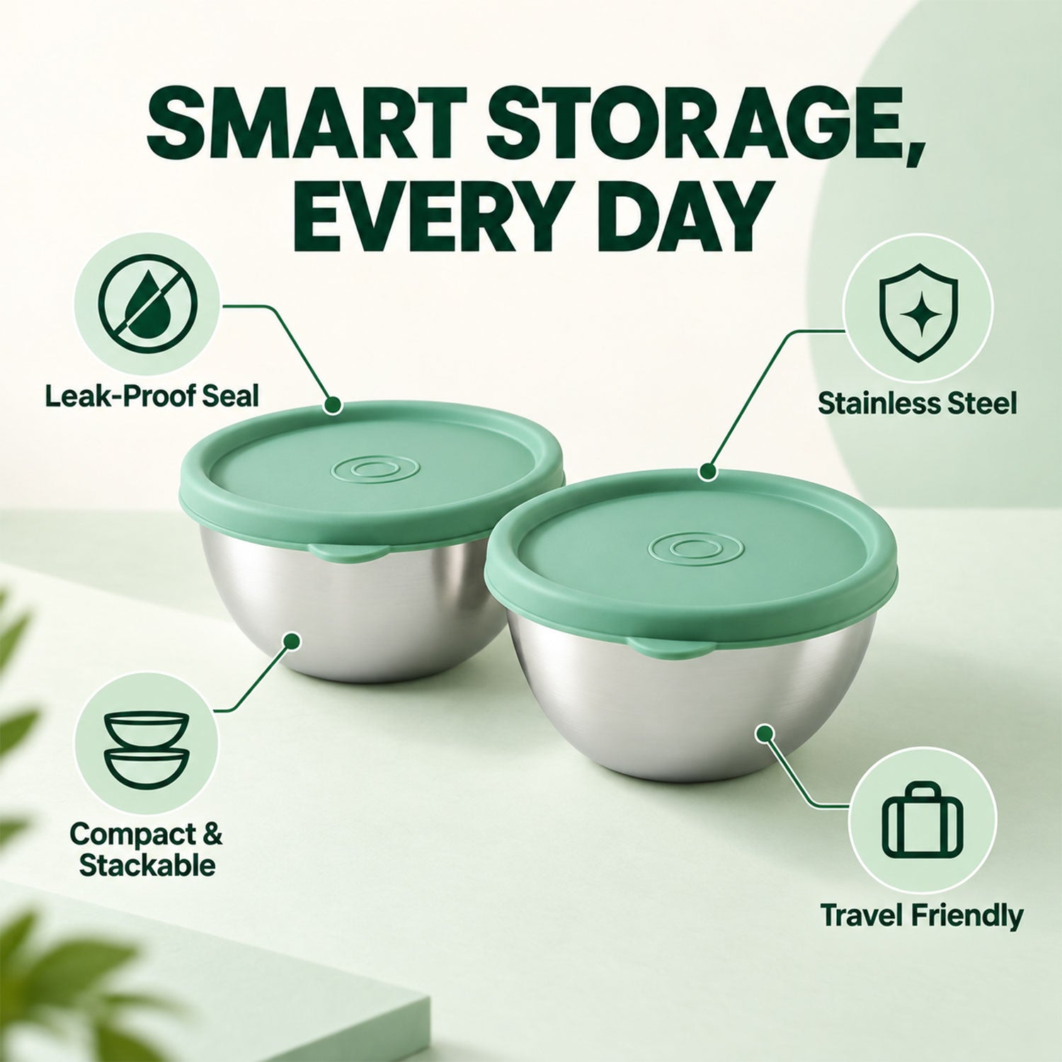 Two stainless steel bowls with green lids, emphasizing their leak-proof, stackable, and travel-friendly attributes.