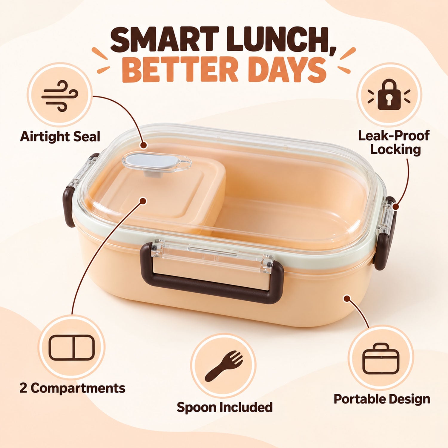 A peach lunchbox with a clear lid, showcasing its features: airtight seal, leak-proof locking, two compartments, included