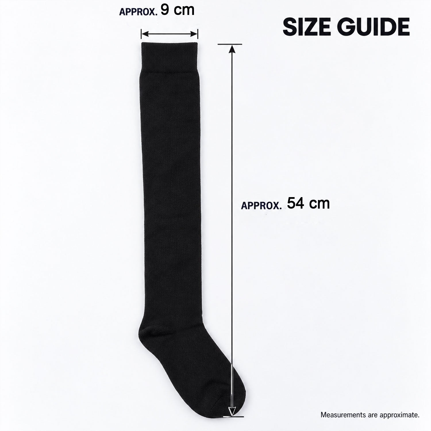 A single black over-knee sock on a white background, with measurements indicating its approximate length and width.