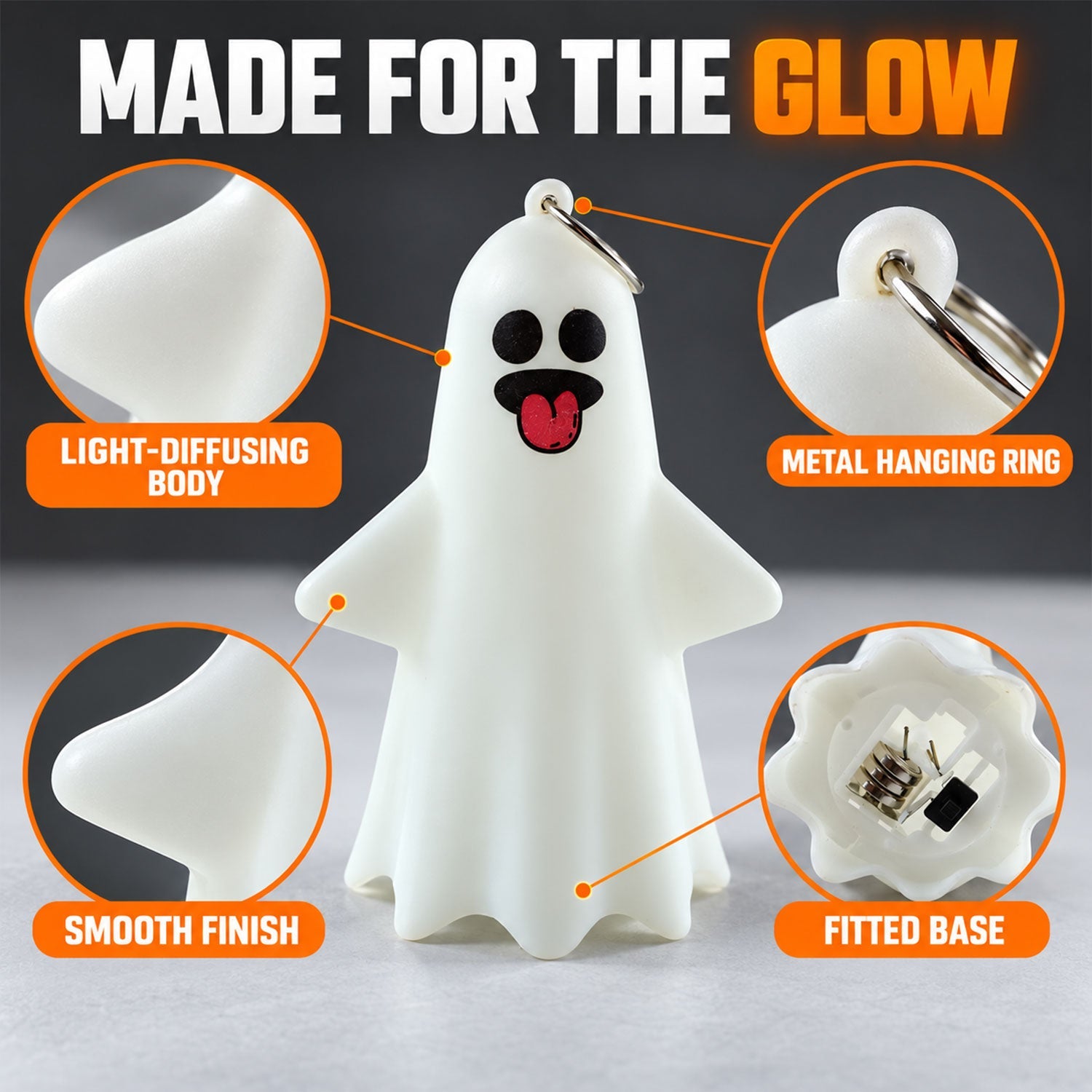 A white ghost light with a playful face, highlighting its smooth finish, light-diffusing body, and fitted base.