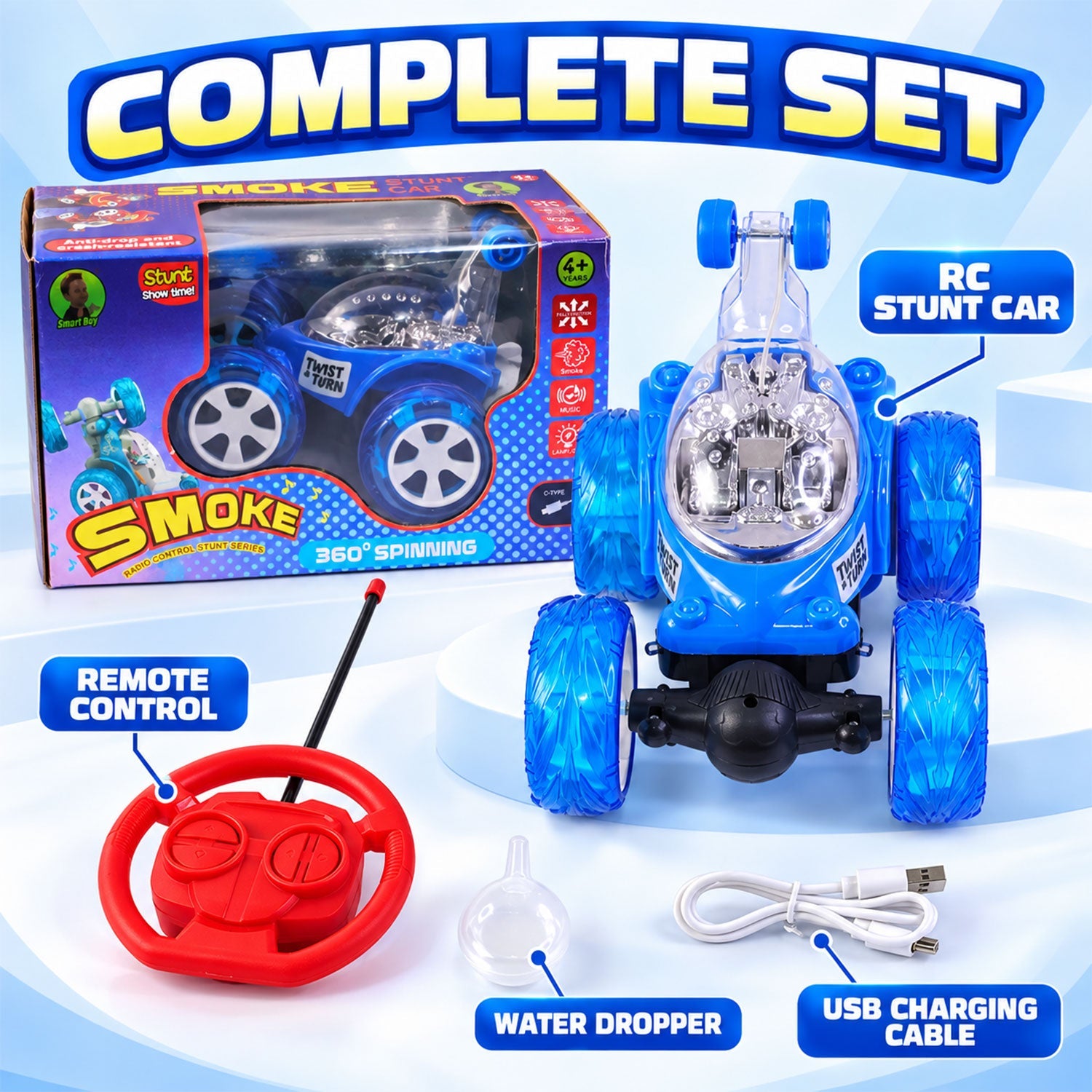 A complete set of a blue remote control stunt car, remote, water dropper, and USB charging cable next to its box.