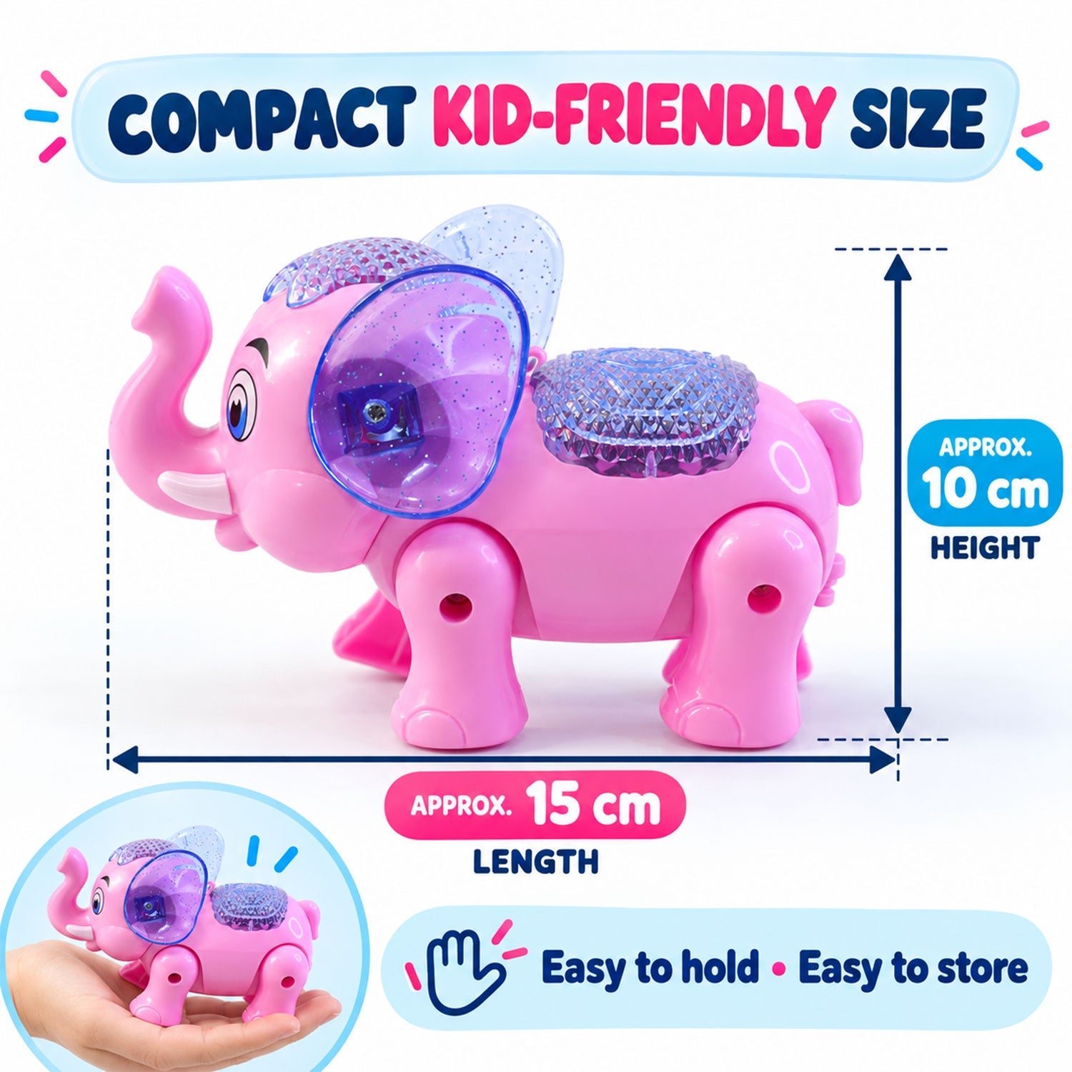 A pink elephant toy with blue glitter ears, showing approximate dimensions of 15 cm length and 10 cm height.
