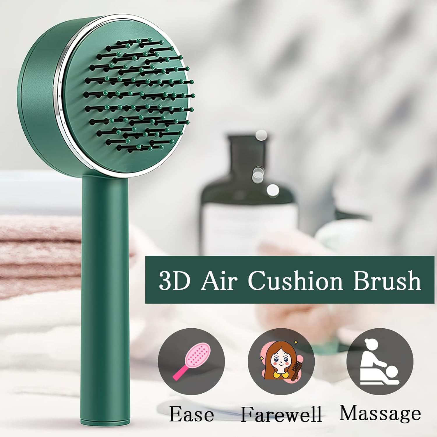 6034 Air Cushion Massage Brush, Airbag Massage Comb with Long Handle, Self-Cleaning Hair Brush, Detangling Anti-Static for All Hair