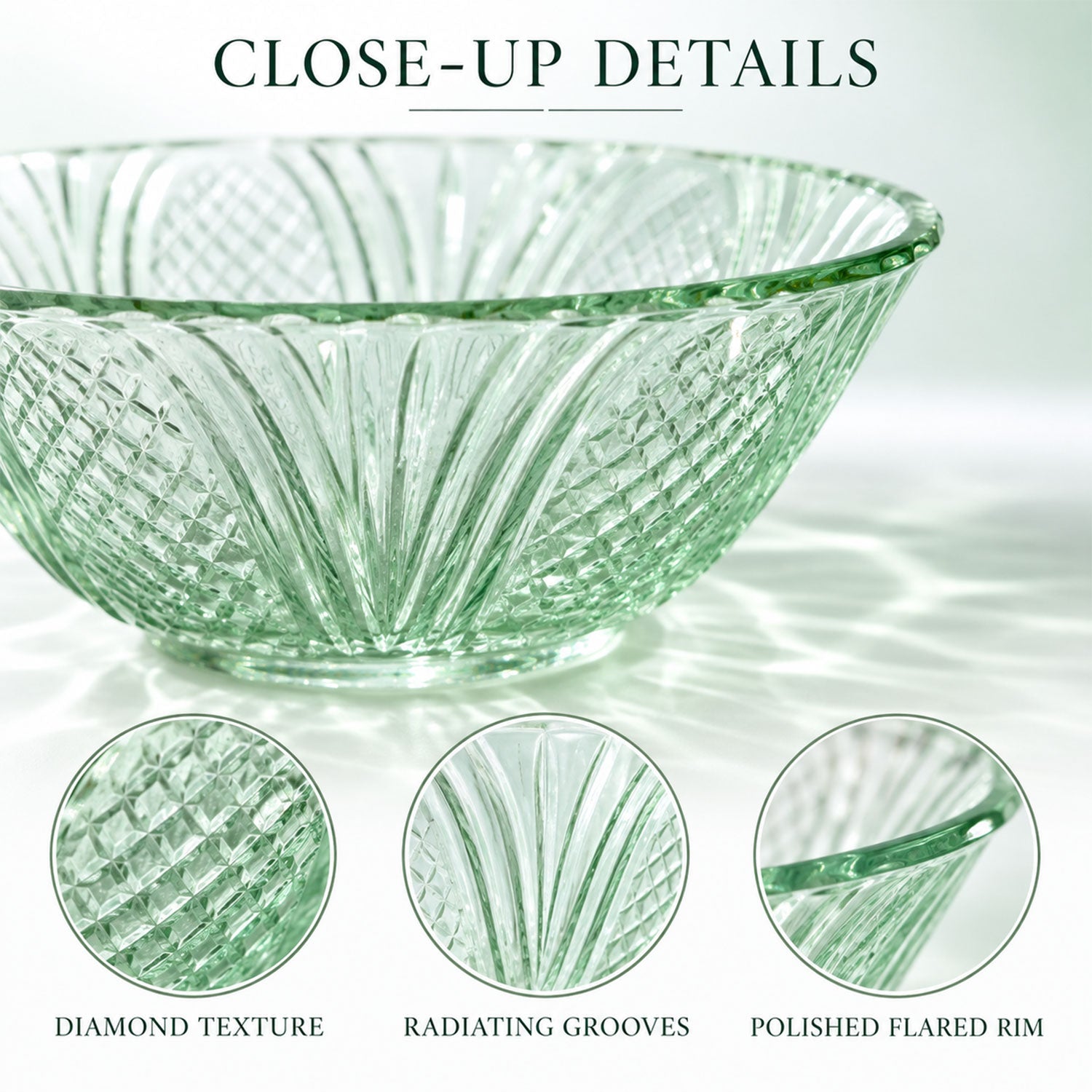 A close-up of a green glass bowl, highlighting its diamond texture, radiating grooves, and polished flared rim.