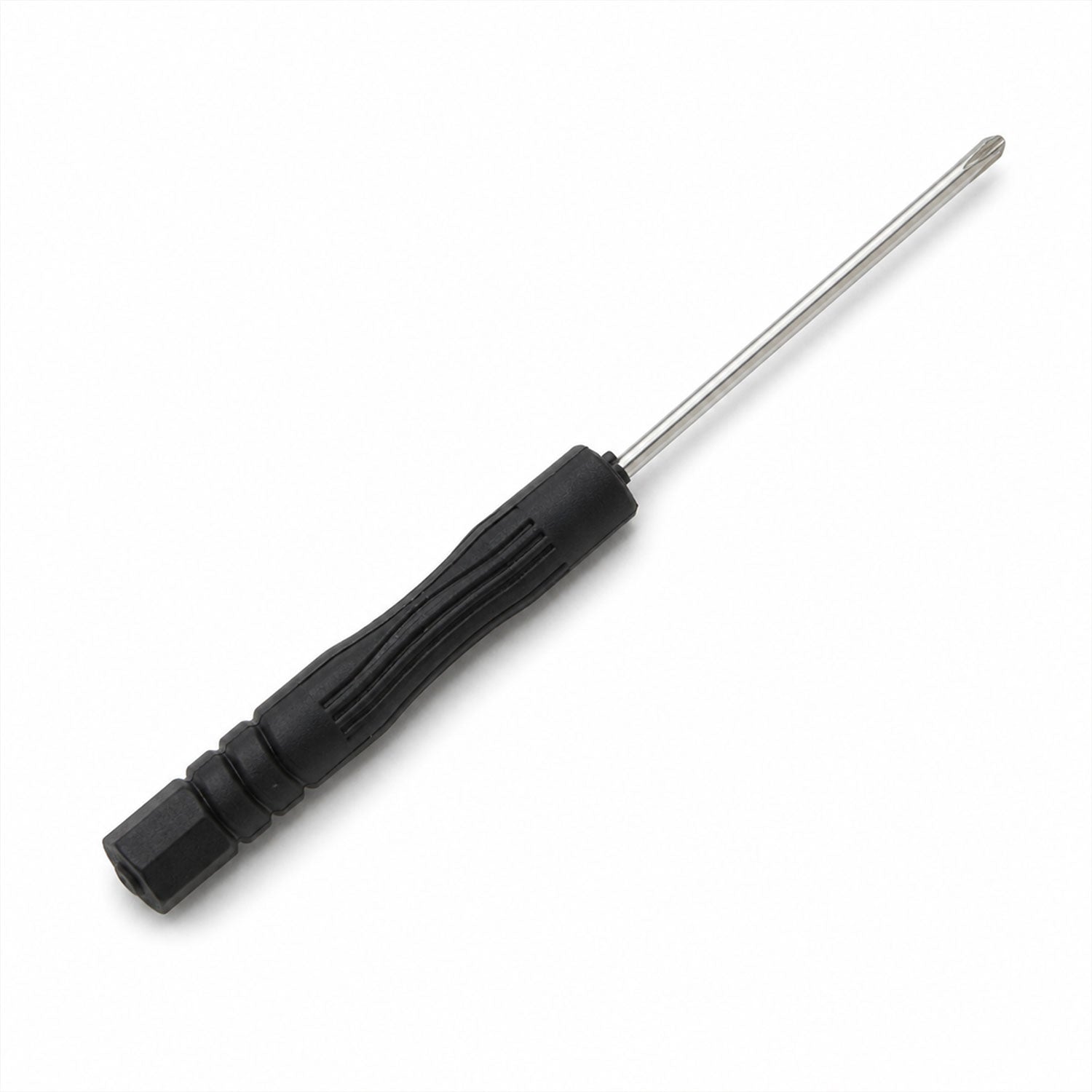 A black and silver mini screwdriver with a textured grip is displayed on a white background.