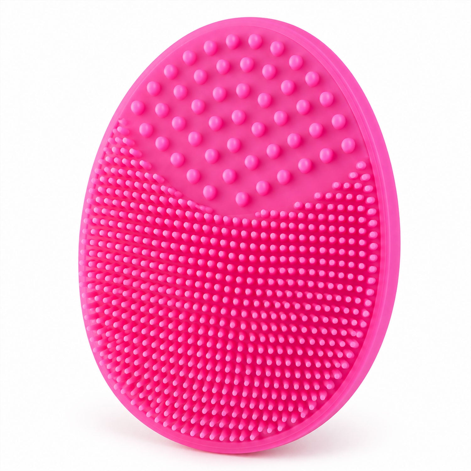A vibrant pink oval silicone brush stands upright, displaying its two distinct textures of bristles on a white background.