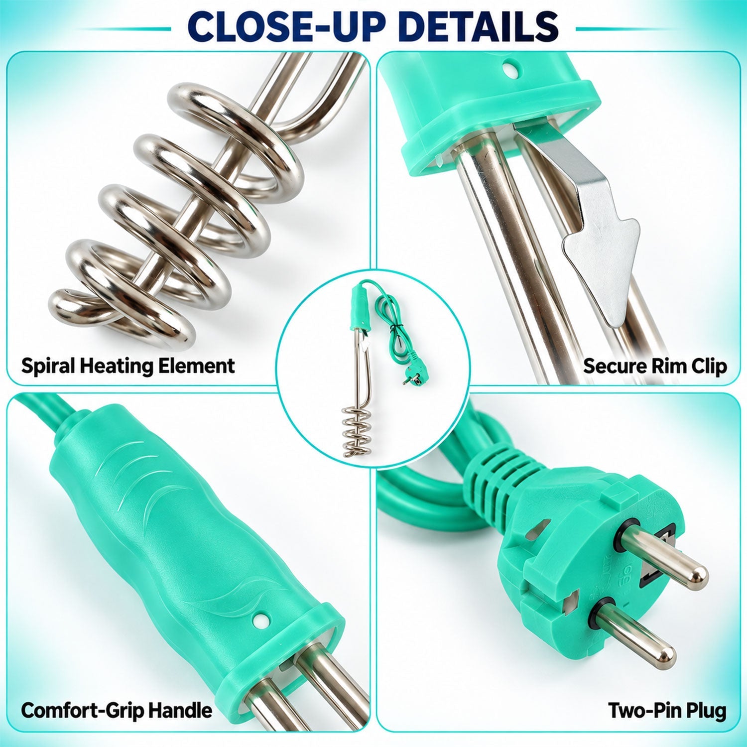 Close-up views show the spiral heating element, secure rim clip, comfort-grip handle, and two-pin plug of the water heater.