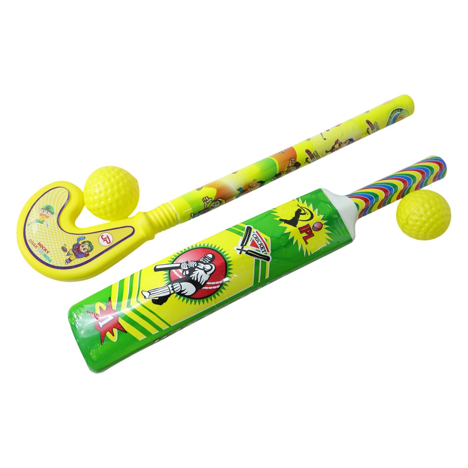 Box packaging of kids cricket and hockey combo set