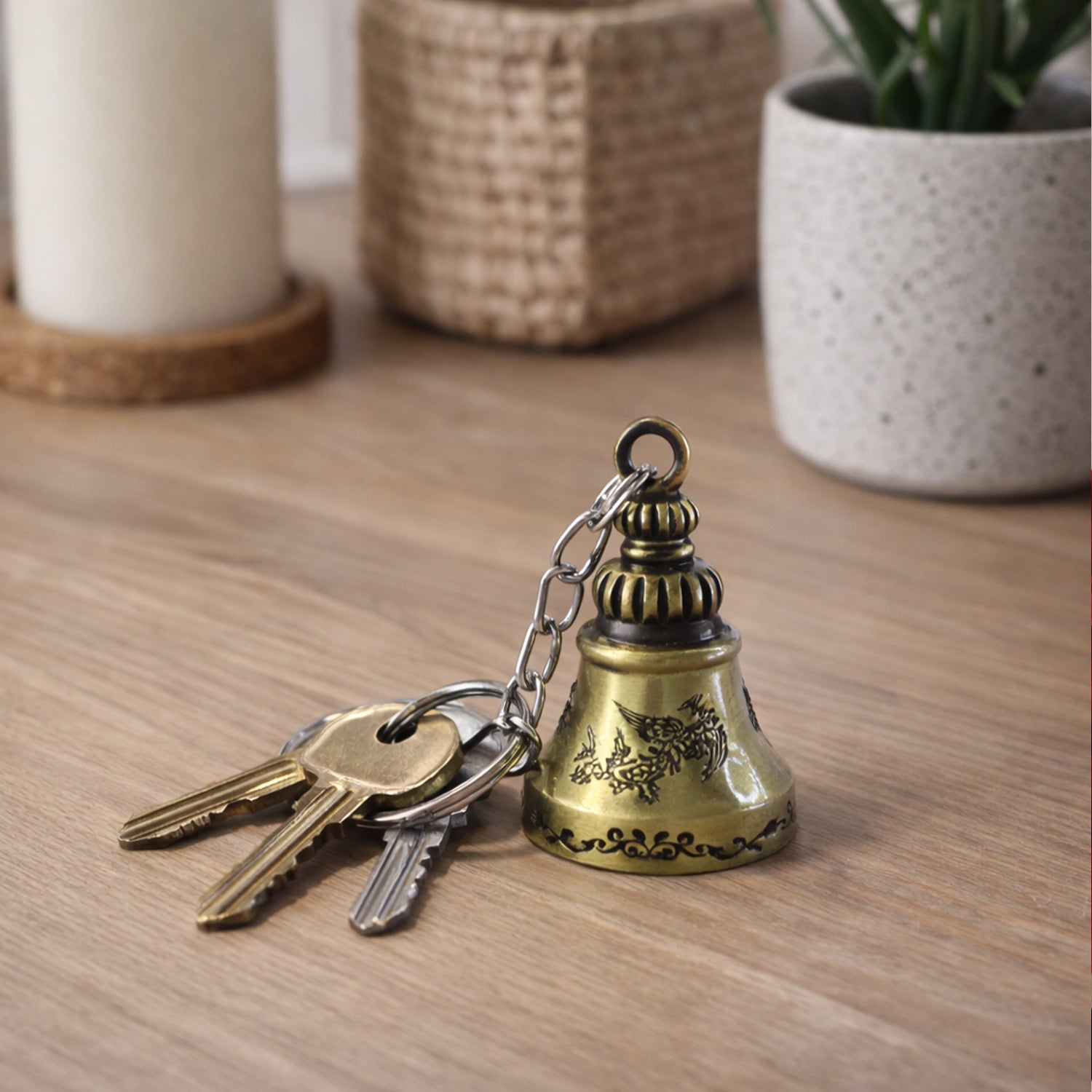 Close-up of ringing temple bell keychain detail