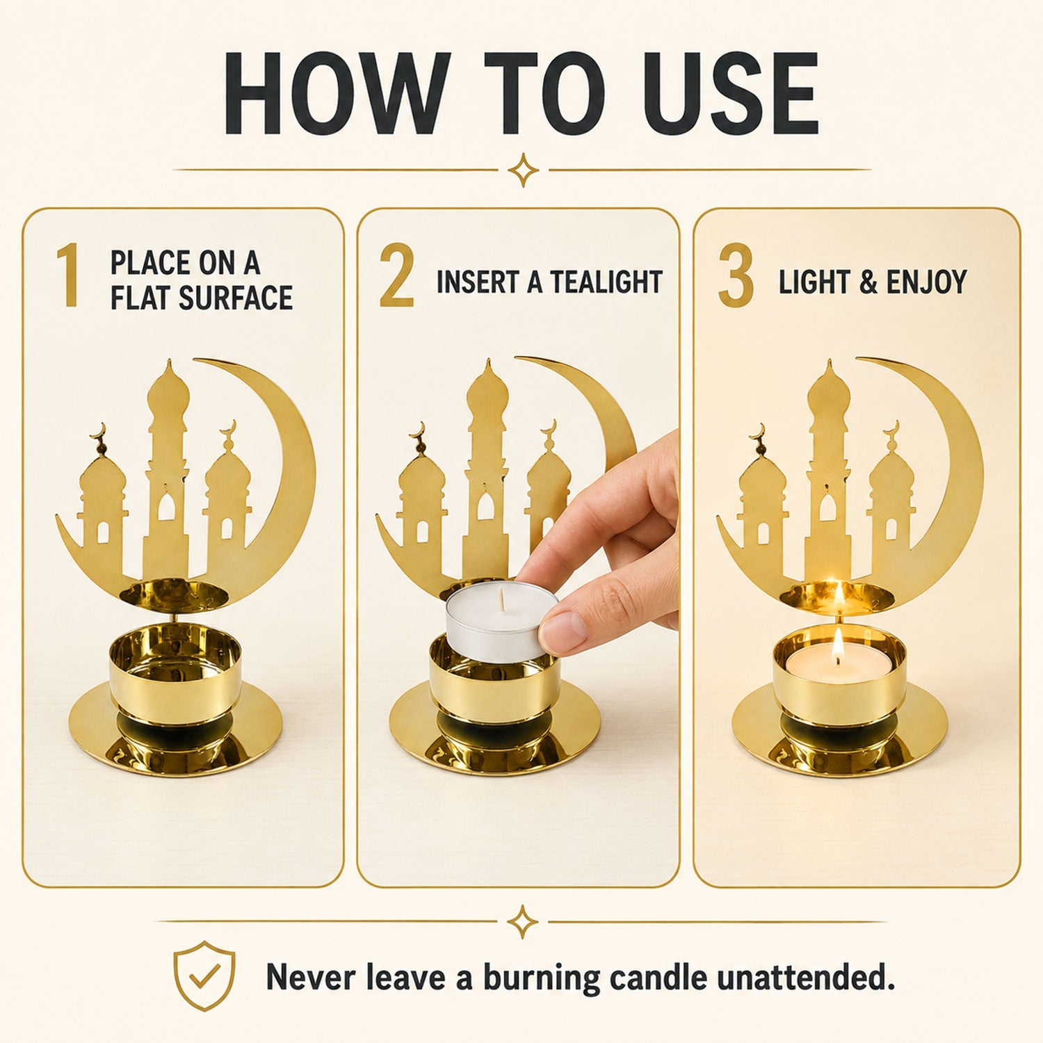 A three-panel graphic demonstrating how to place, insert, and light a tealight candle in the holder.