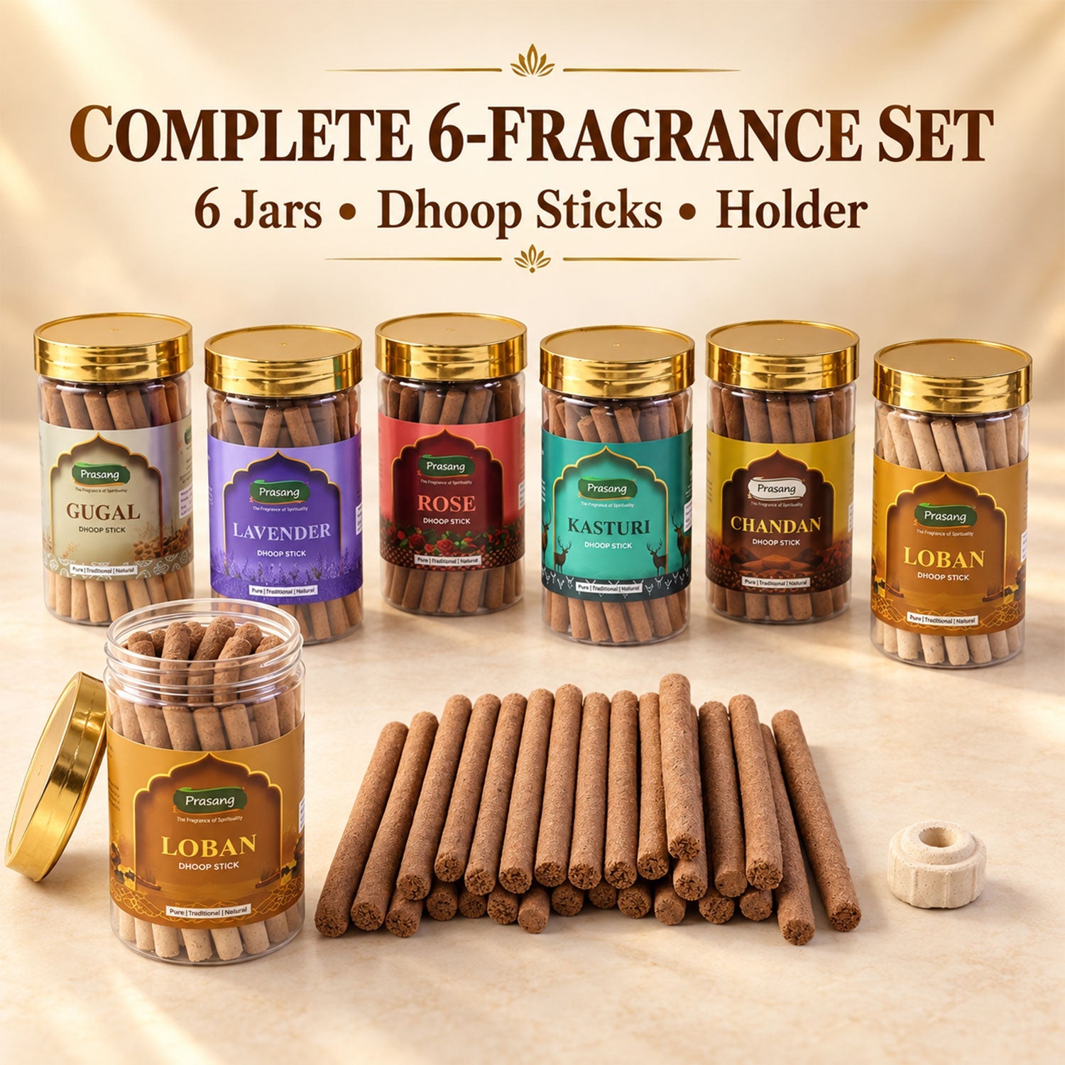 Six dhoop stick jars with gold lids, one open, with a pile of sticks and a ceramic holder on a wooden surface.