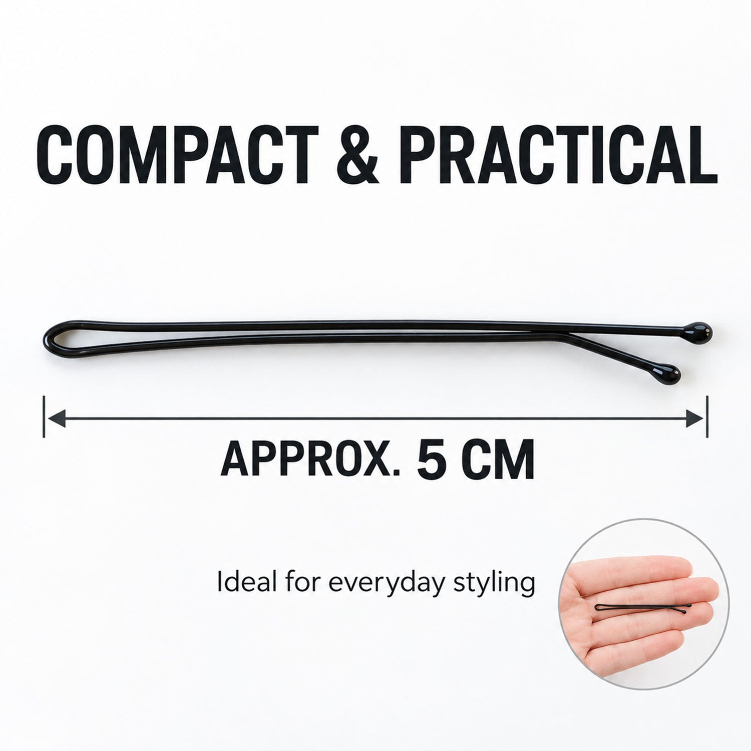 A single black U-pin with rounded tips is shown with a 5 cm measurement and a small hand holding pins.