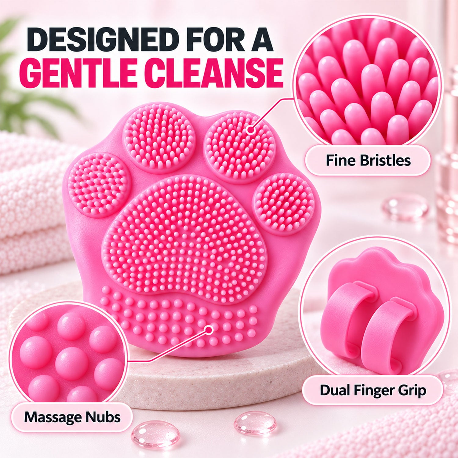 A pink paw-shaped scrubber with callouts showing fine bristles, massage nubs, and a dual finger grip on the reverse.