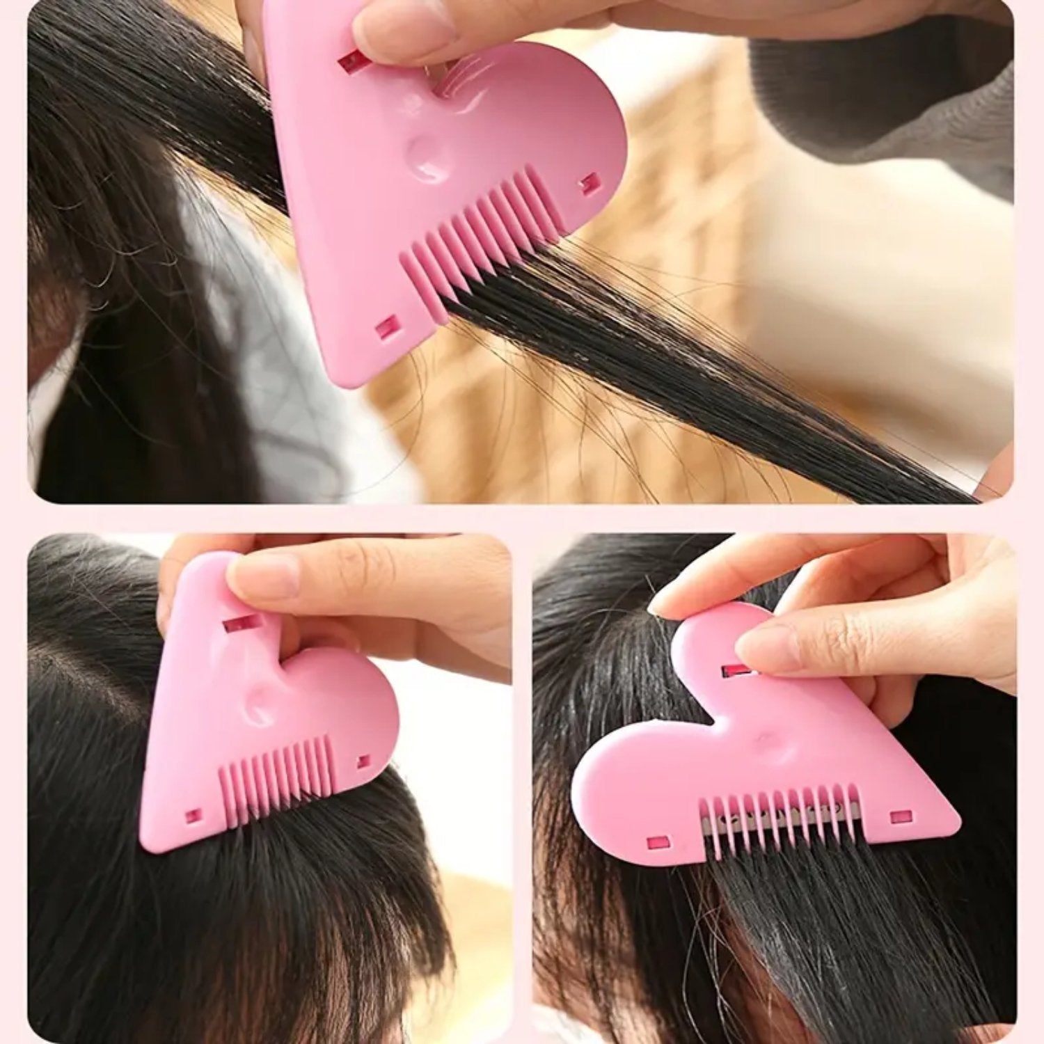 Heart shape plastic hair cutting scissors demonstrating portability