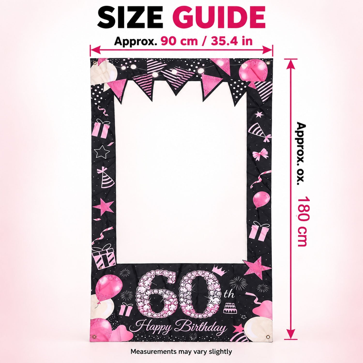 A black and pink 60th birthday photo booth frame with a size guide overlay indicating 90 cm width and 180 cm height.