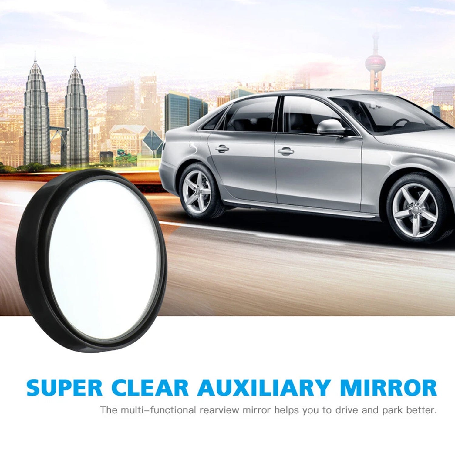 Hand holding a blind spot mirror for easy installation
