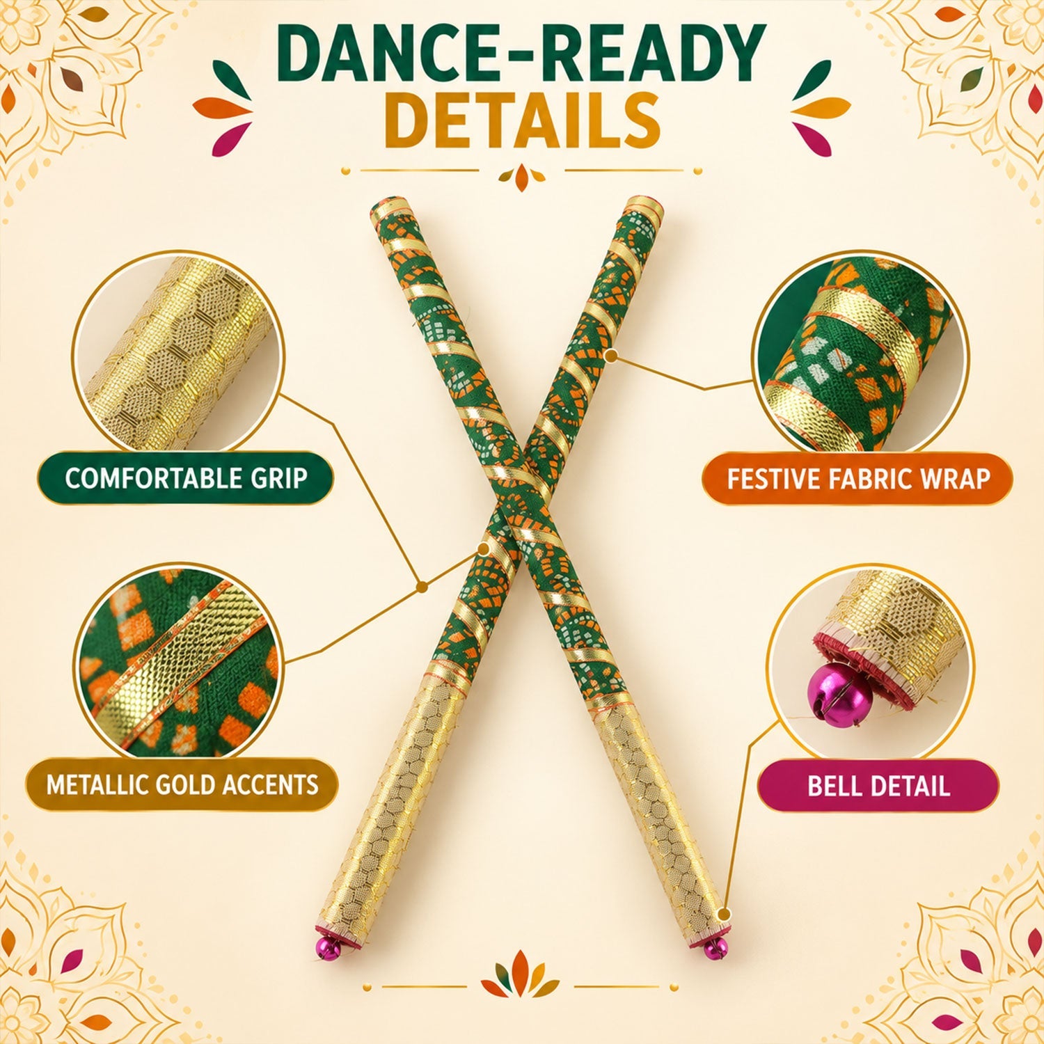 Decorative Wooden Base Dandiya Sticks with Bells for Navratri Garba Dance (2 Pc)