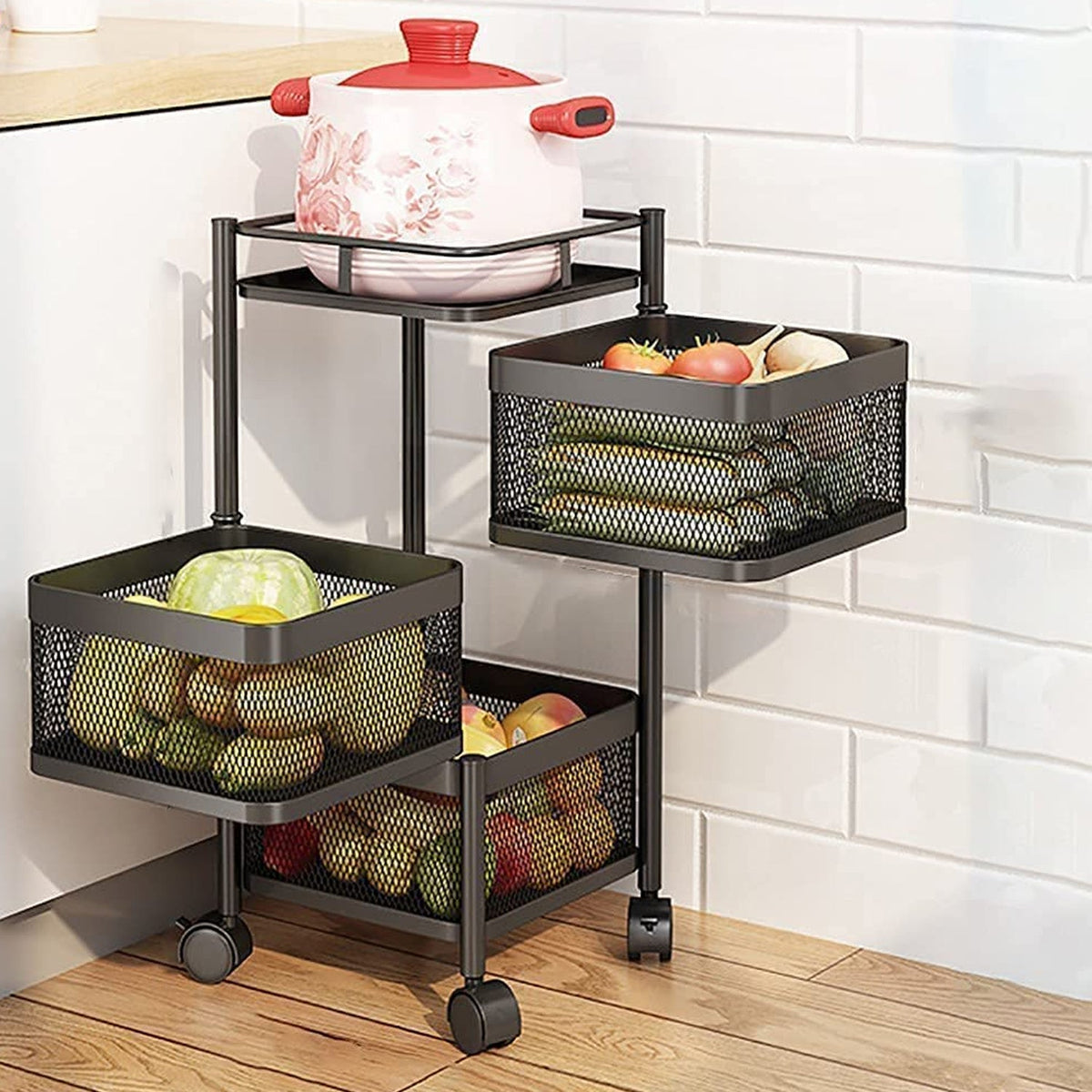 3-layer metal kitchen trolley with wheels and square baskets