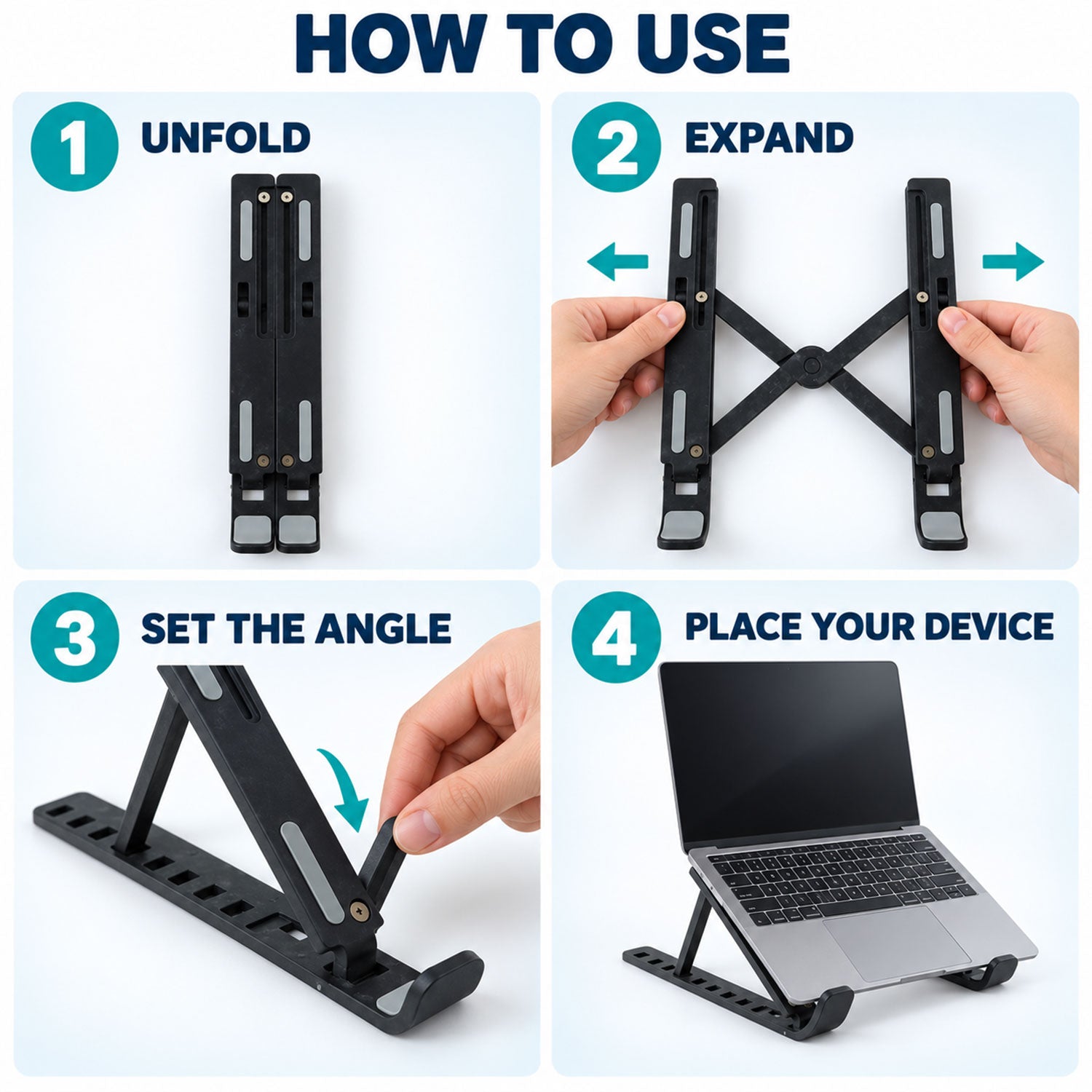 A four-step guide illustrates how to unfold, expand, set the angle, and place a laptop on the black adjustable stand.