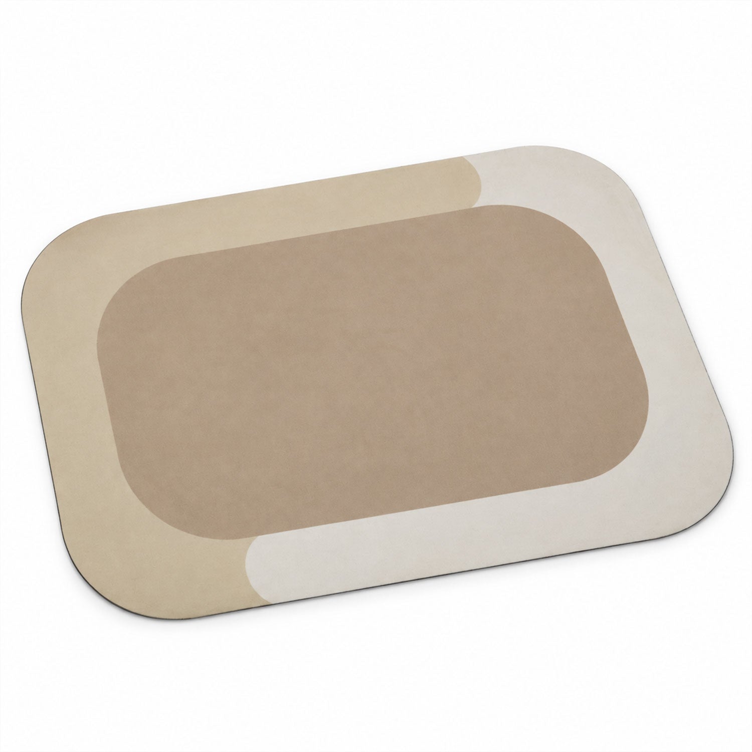 A rectangular bath mat with rounded corners, featuring a beige center and a light cream border, rests on a white background.