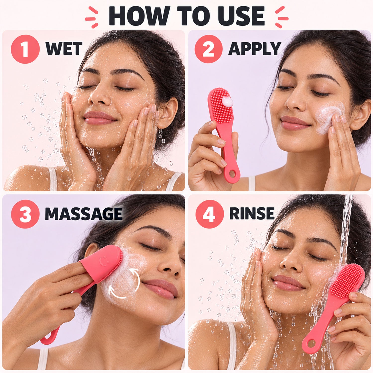 A four-panel graphic illustrating how to use the pink silicone brush for facial cleansing, from wetting to rinsing.