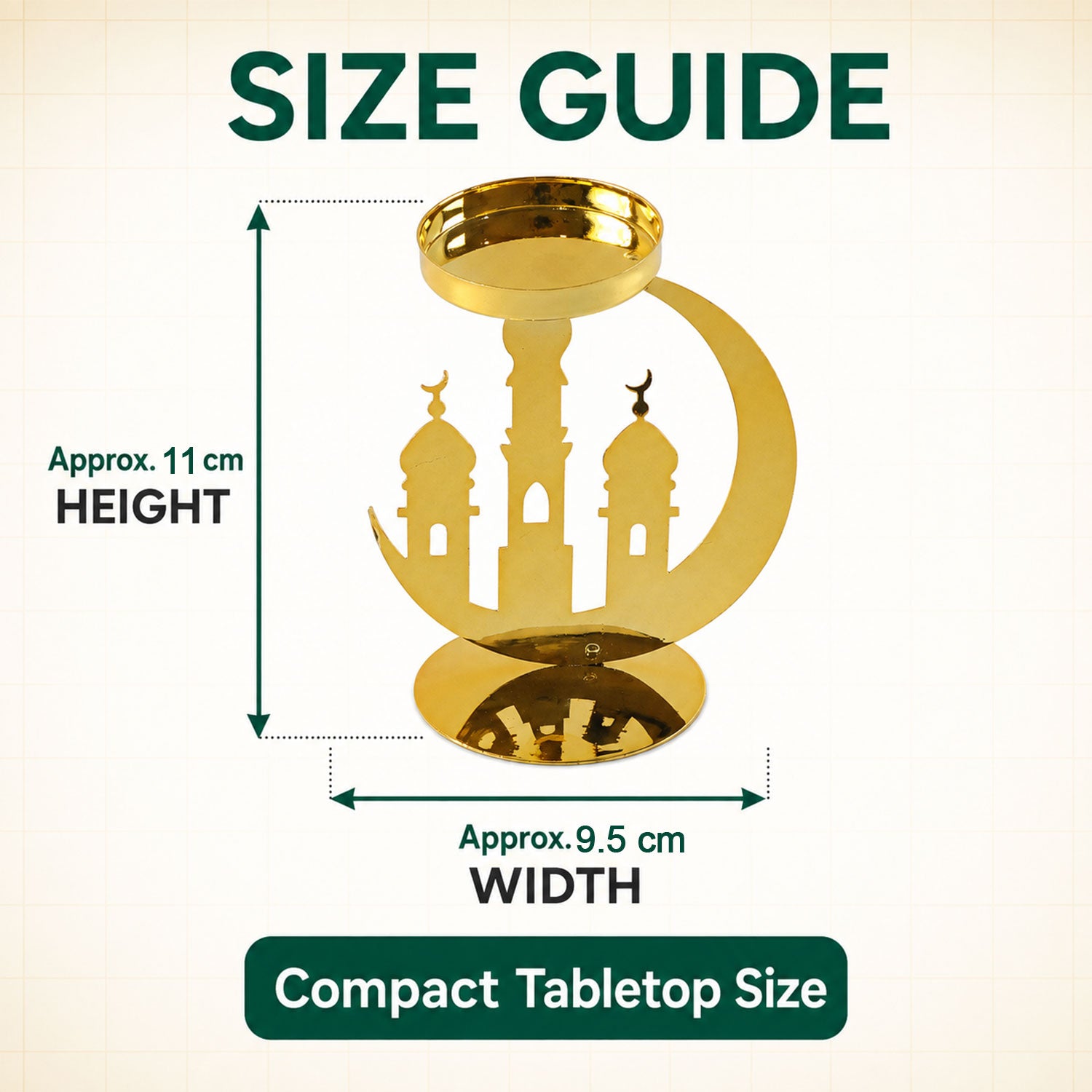 A golden metal incense holder with a crescent moon and mosque design, showing its approximate height of 11 cm and width of