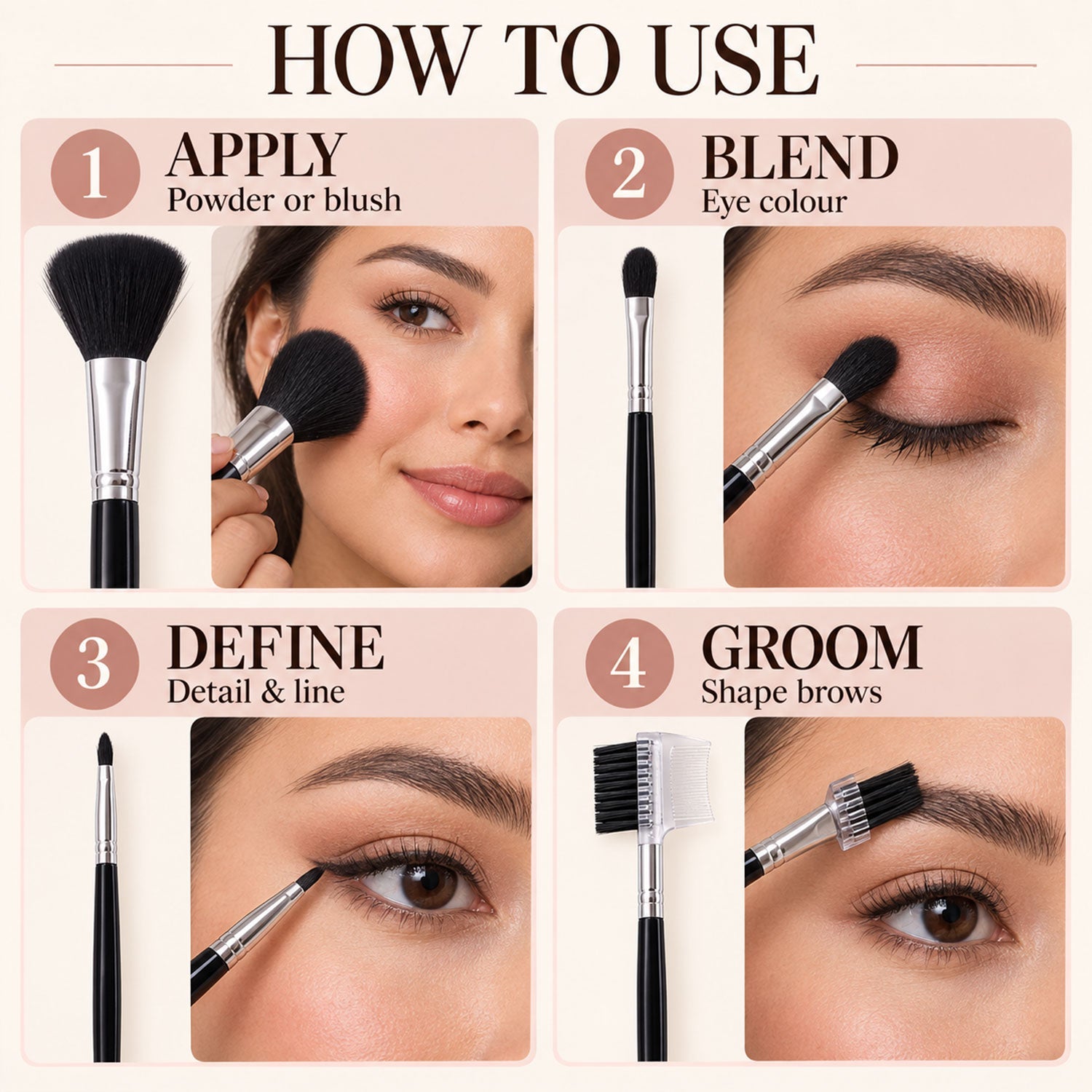 A collage of four images showing different makeup brushes being used for powder, eyeshadow, eyeliner, and eyebrow grooming.