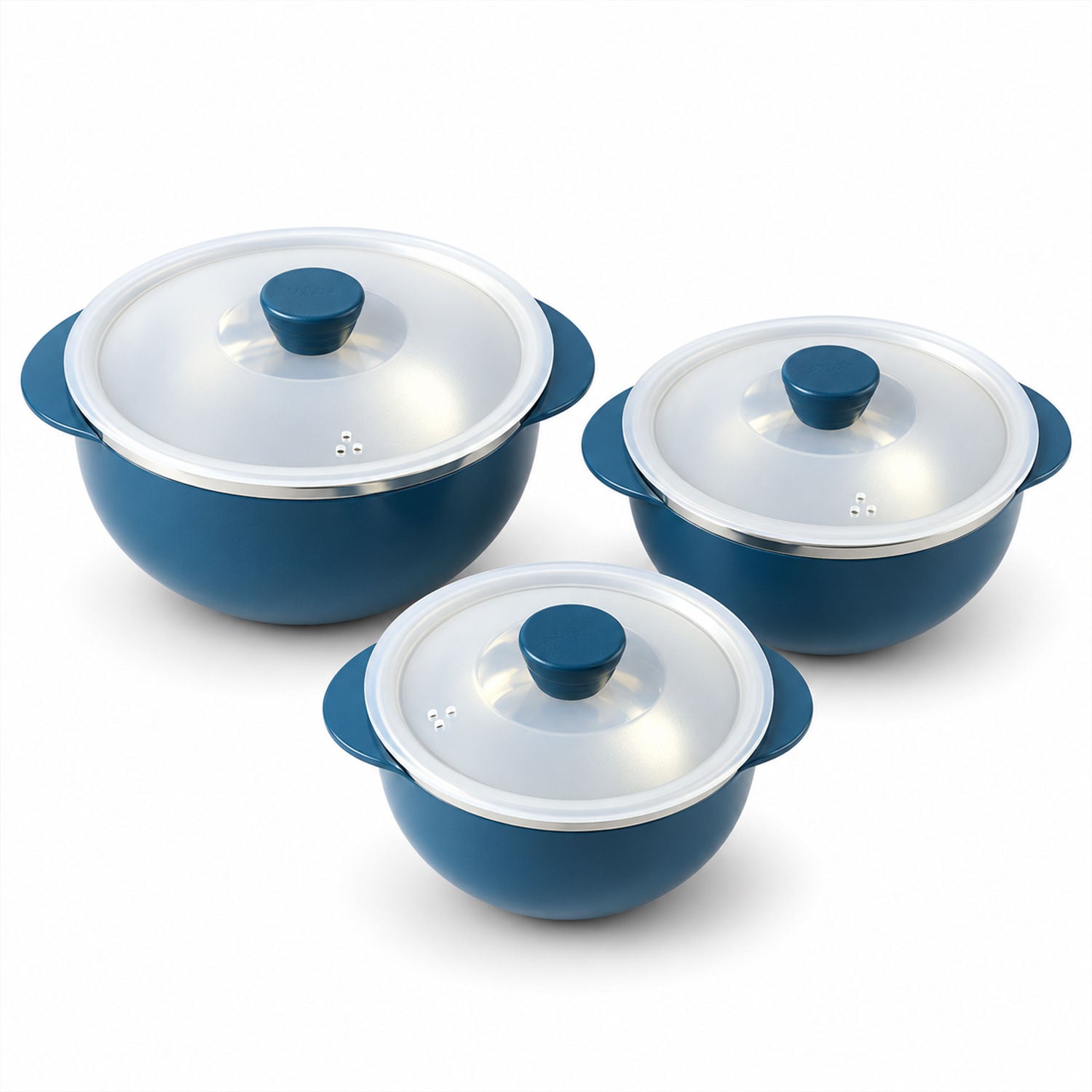 A set of three blue serving bowls with clear lids are neatly arranged in varying sizes on a white background.