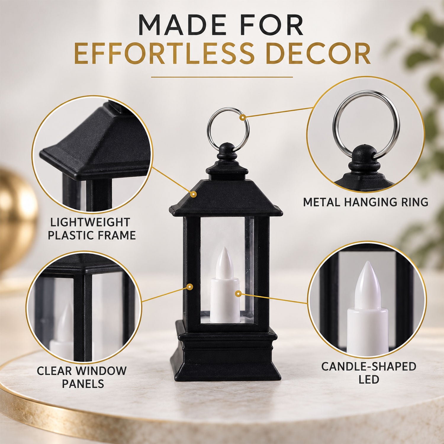 A black miniature lantern is shown with callouts pointing to its lightweight plastic frame, clear window panels,