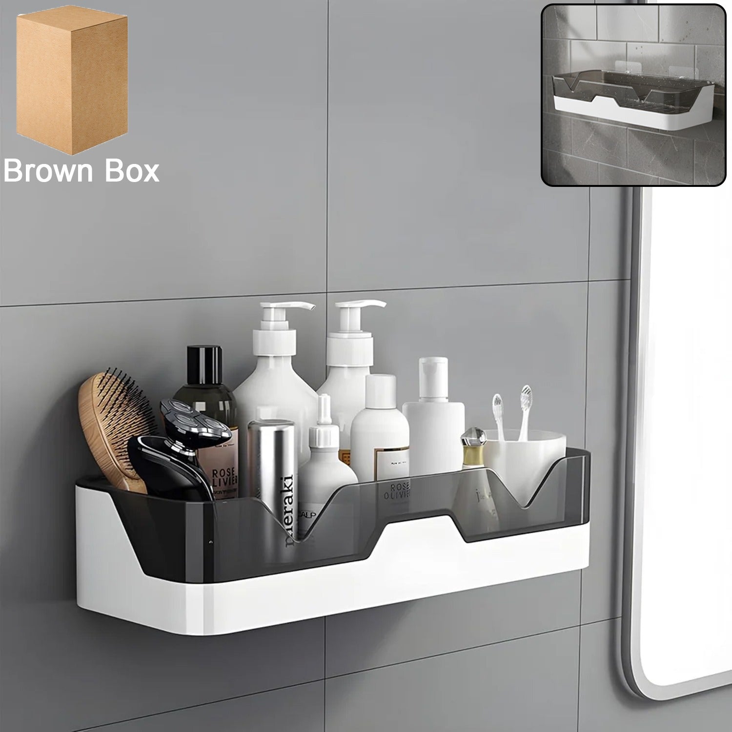 Wall mounted plastic storage shelf in bathroom