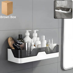 Wall mounted plastic storage shelf in bathroom