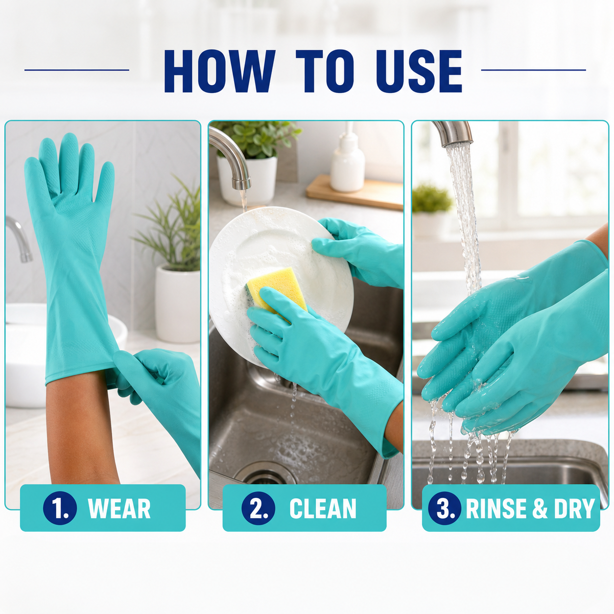 Instructional image on how to use cleaning gloves