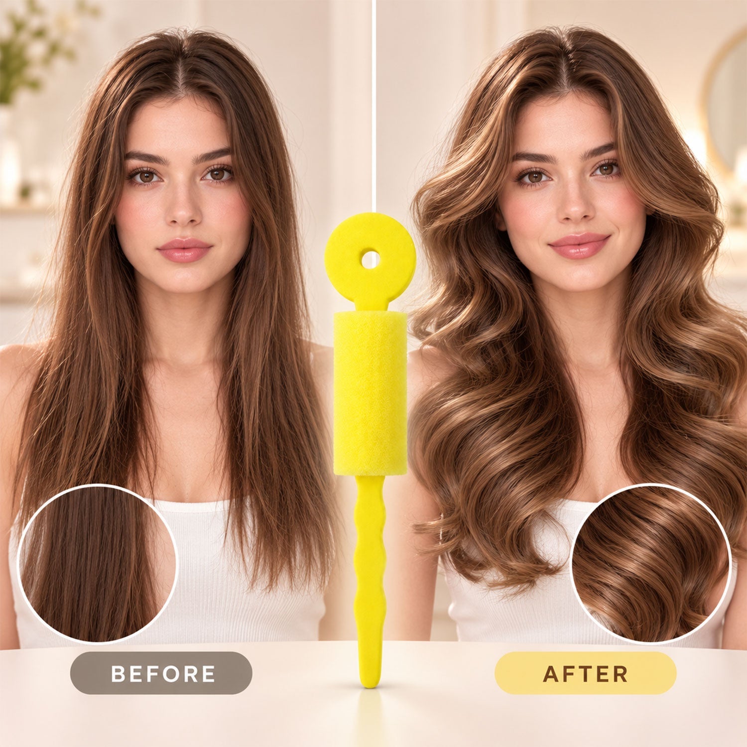 A split image shows a woman's hair before and after using the yellow foam hair roller, with added curls.