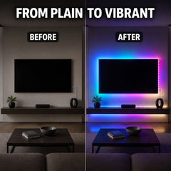 A split image showing a plain TV setup on the left and the same setup with vibrant LED backlighting on the right.