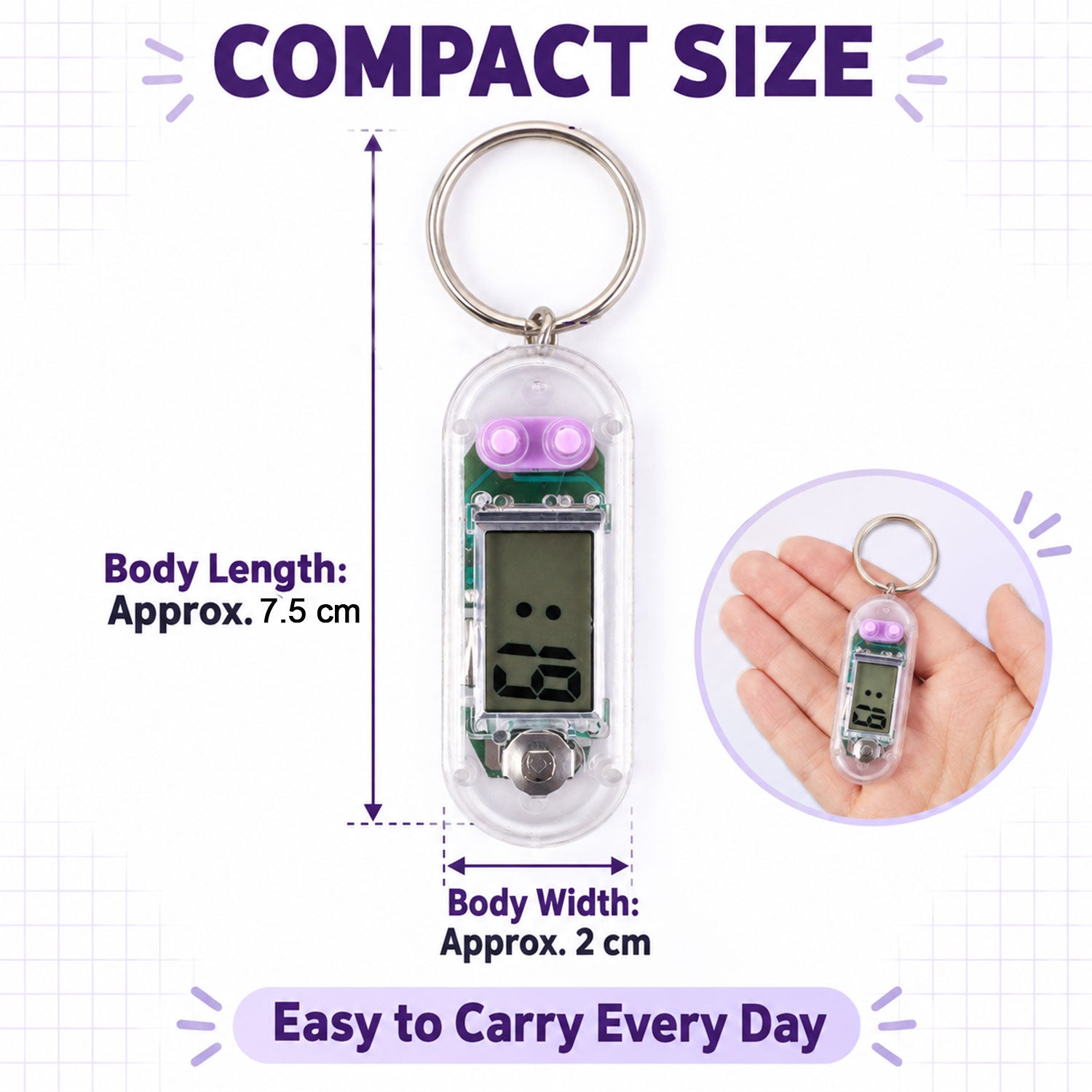 A transparent digital clock keychain with purple buttons, showing its dimensions and a small version in a hand.
