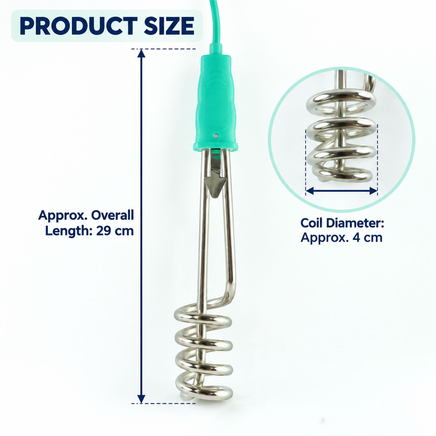 A diagram shows the teal and silver immersion water heater rod with its overall length of 29 cm and a coil diameter of 4 cm.
