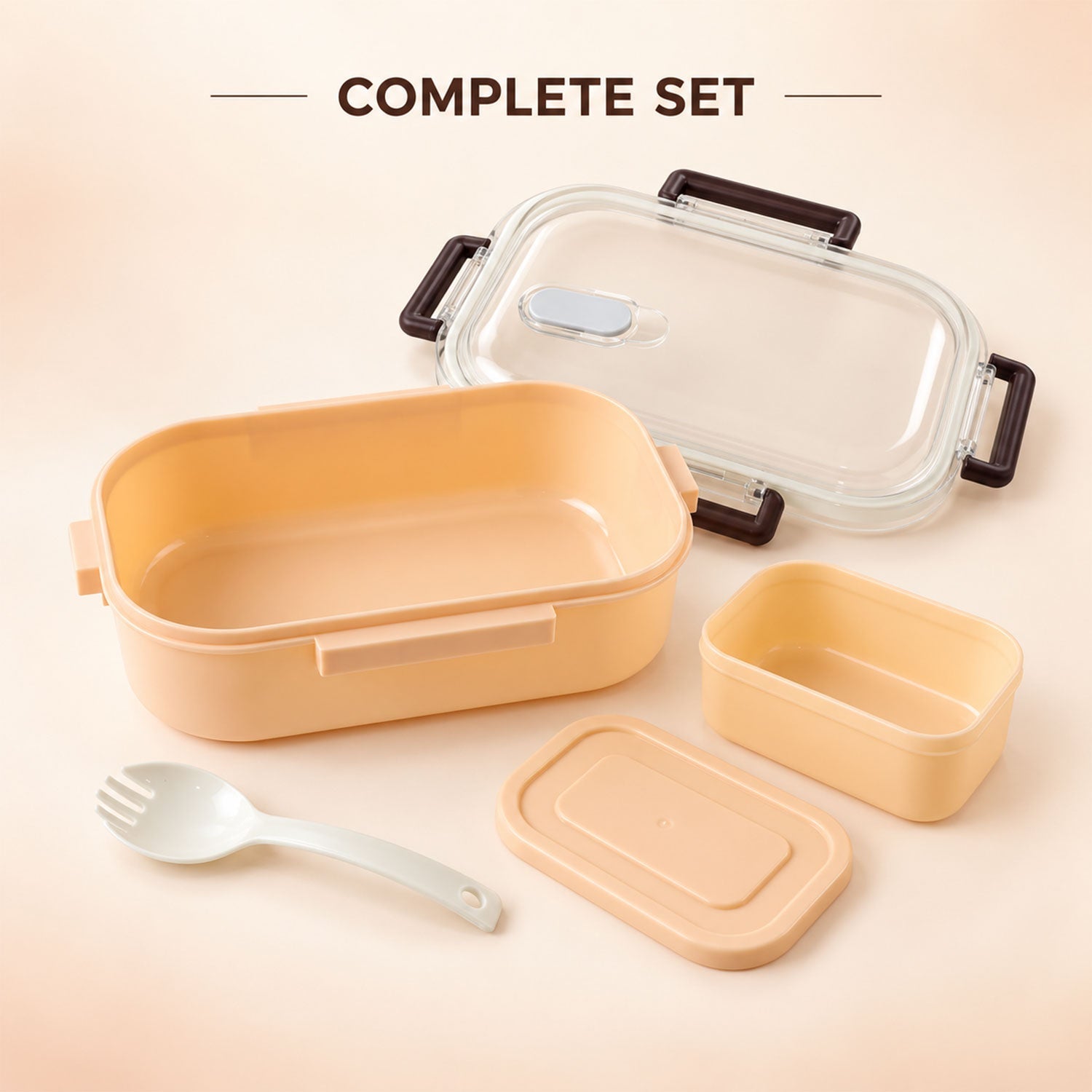 A complete set of a peach lunchbox, including the main container, clear lid, small inner box with its lid, and a white