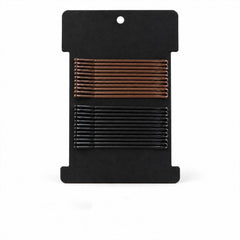 A black display card features two organized rows of brown and black metal bobby pins against a white background.