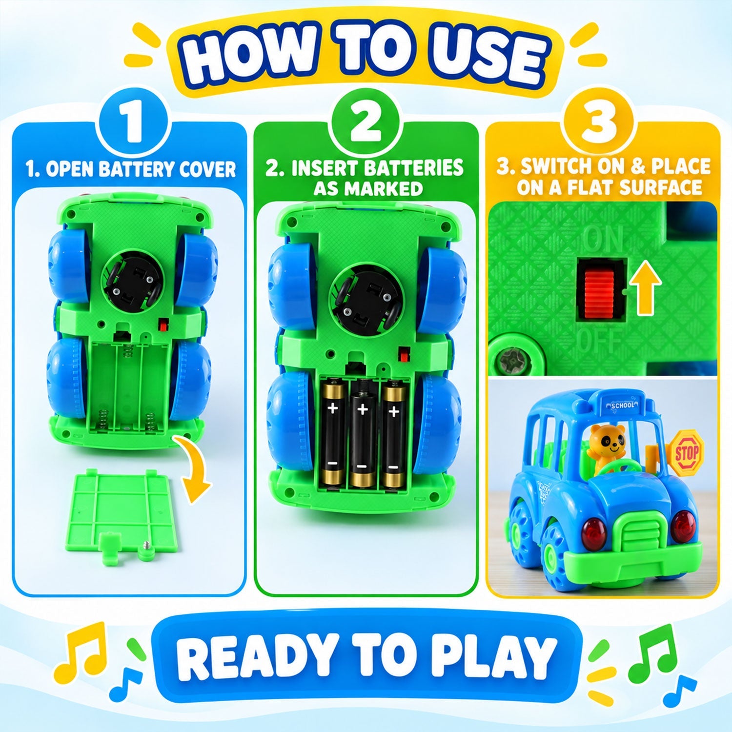 Three steps illustrate how to open the battery cover, insert batteries, and switch on the toy bus.