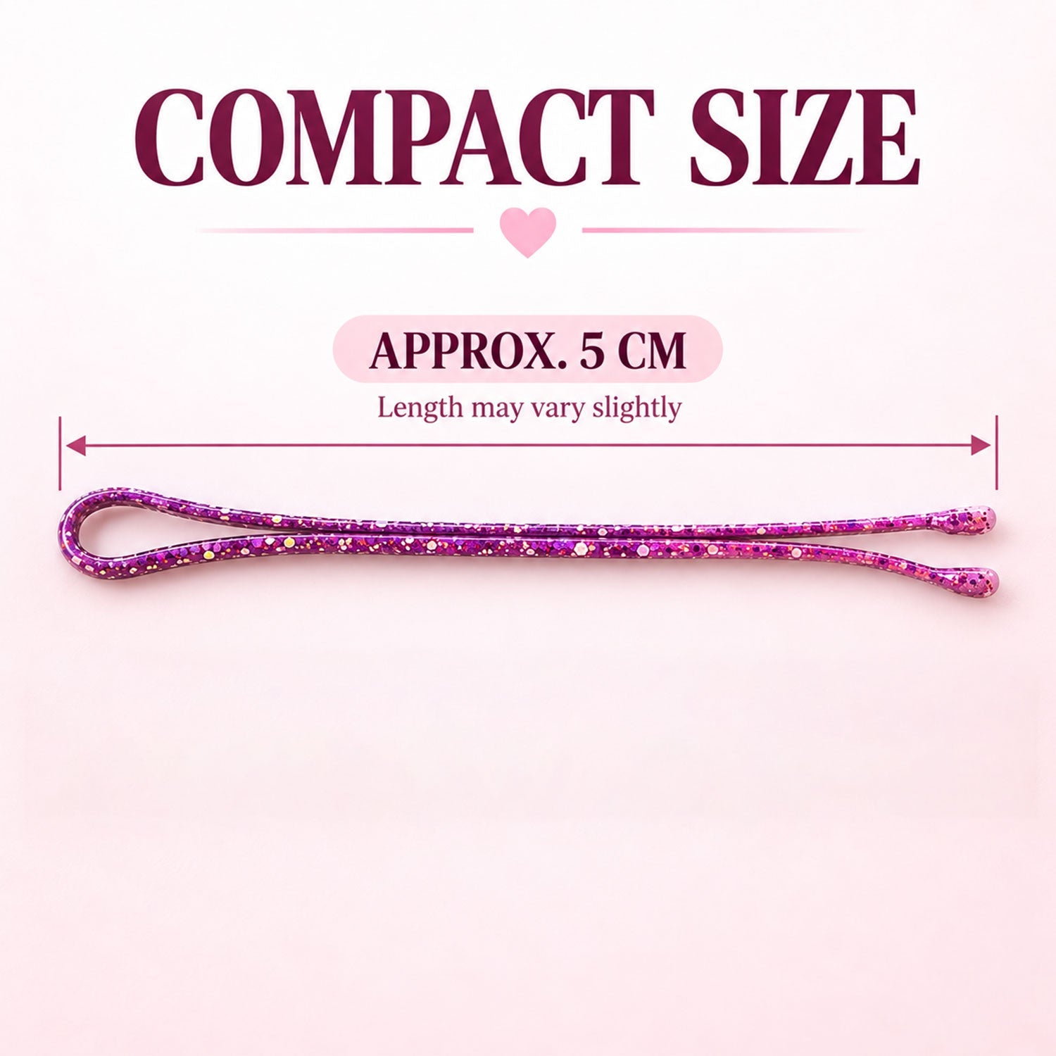 A single purple glitter bobby pin is shown with a measurement overlay indicating an approximate length of 5 cm.