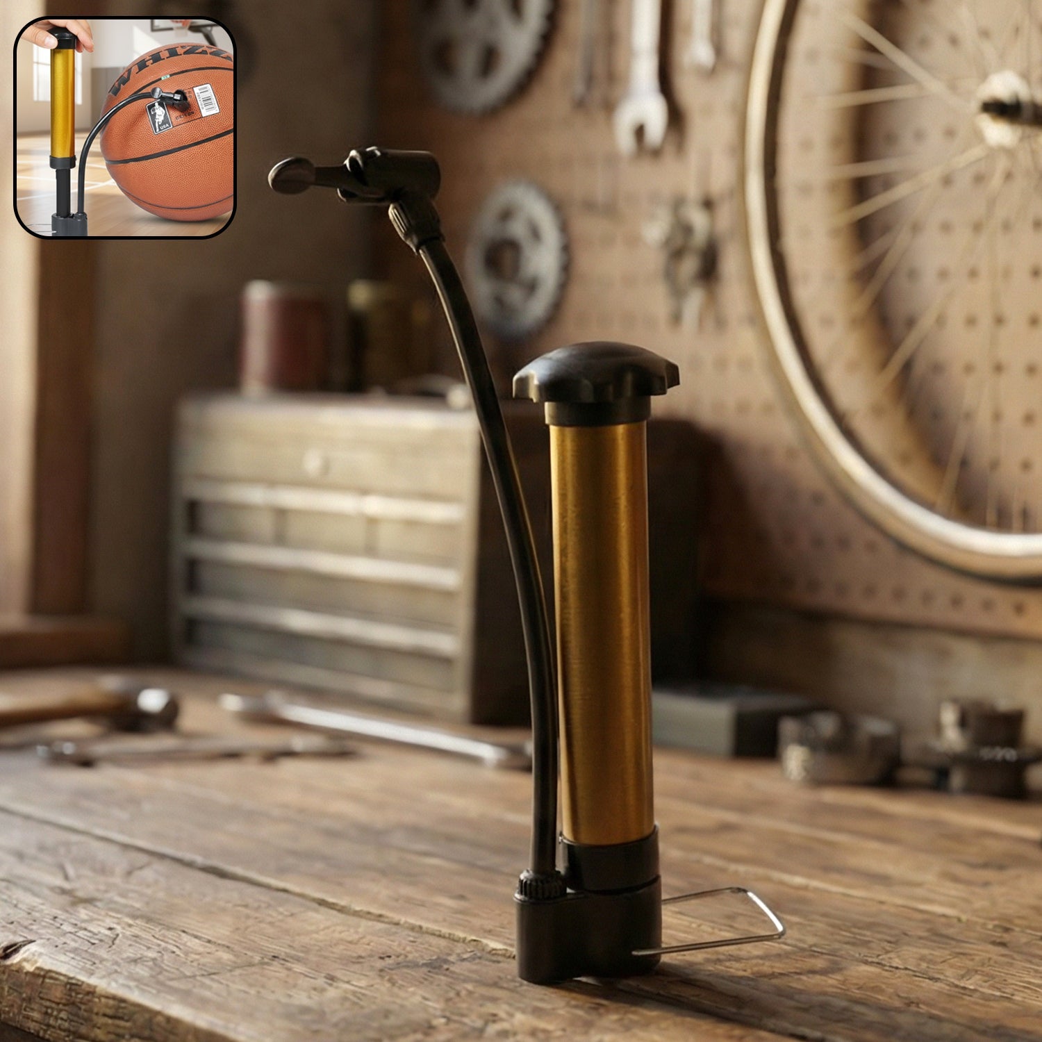 Mini Hand Air Pump with gold-plated body on white background