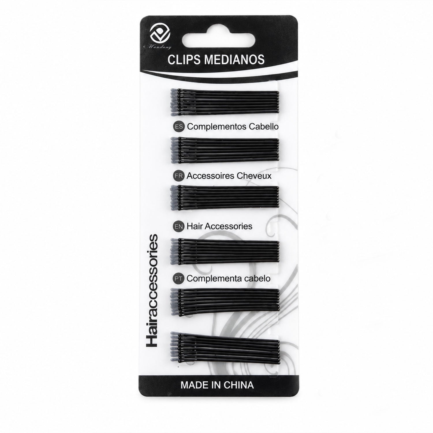 A full view of the black and white hair pin package is presented against a plain white background.