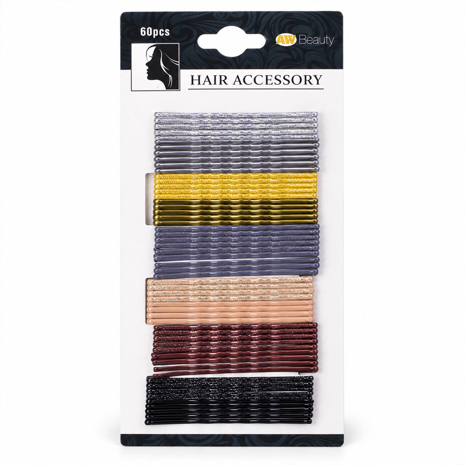 A white background displays a package of 60 glittery hairpins in silver, gold, gray, beige, maroon, and black.
