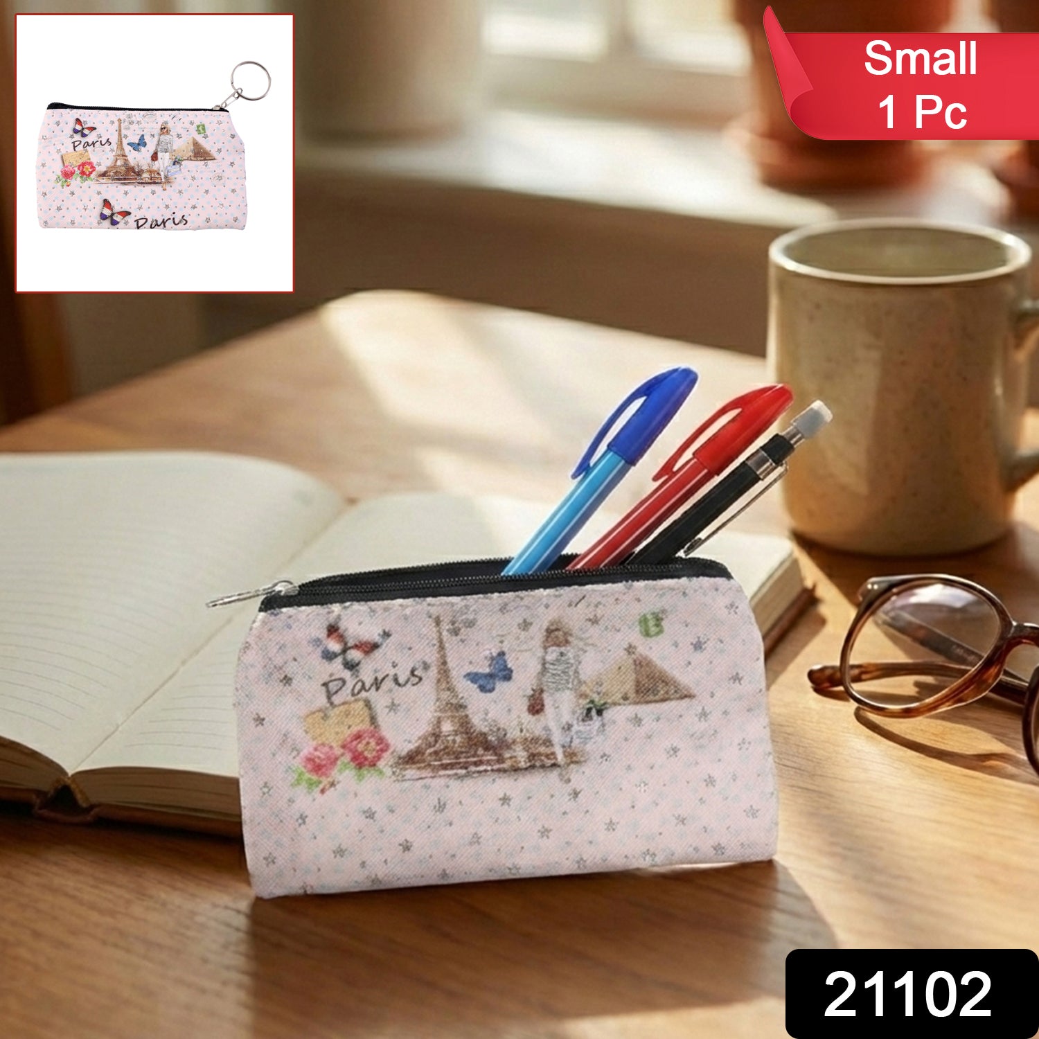 Small Paris Print Zipper Coin & Stationery Pouch (1 Pc)
