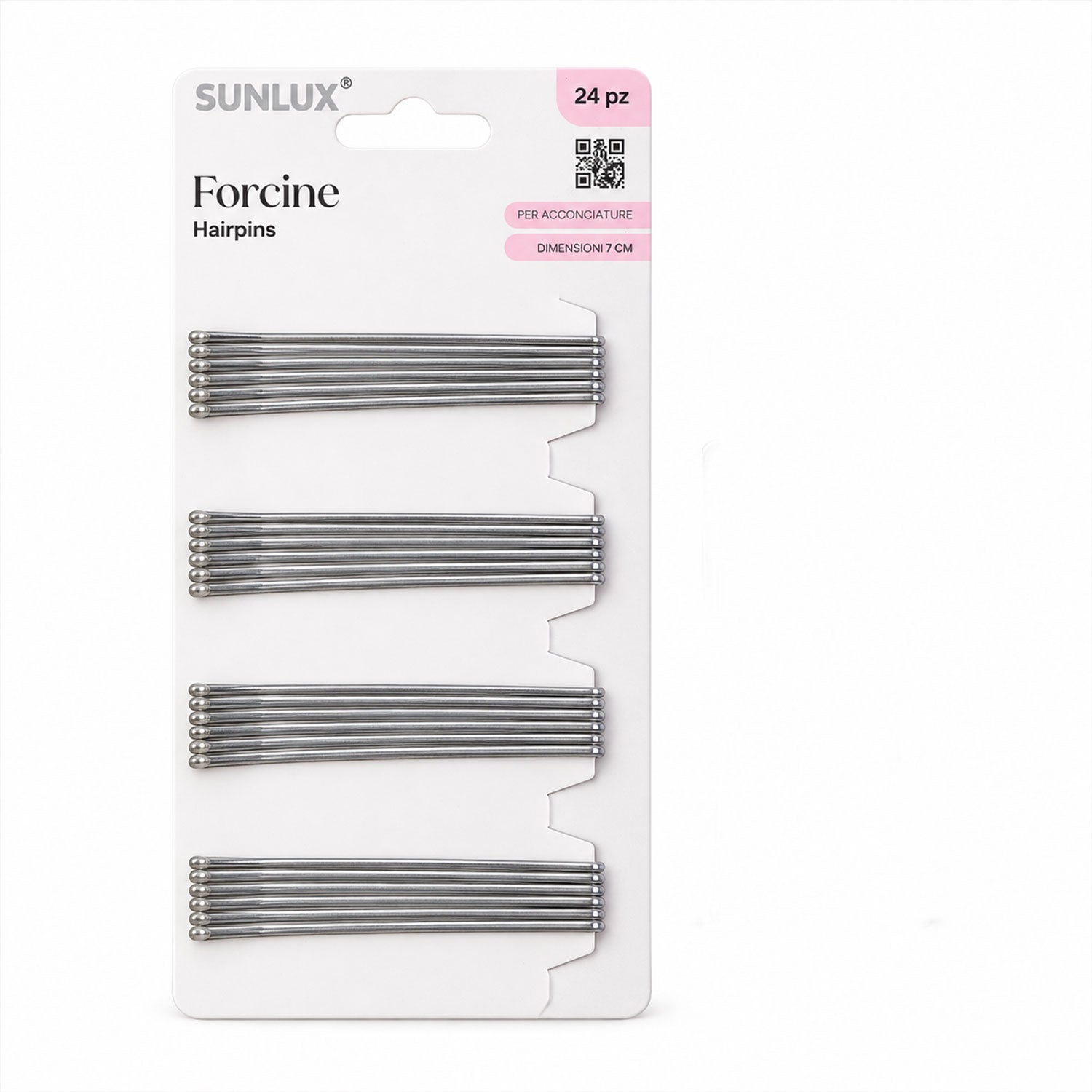 A white package containing twenty-four silver hairpins arranged in four rows against a plain white background.